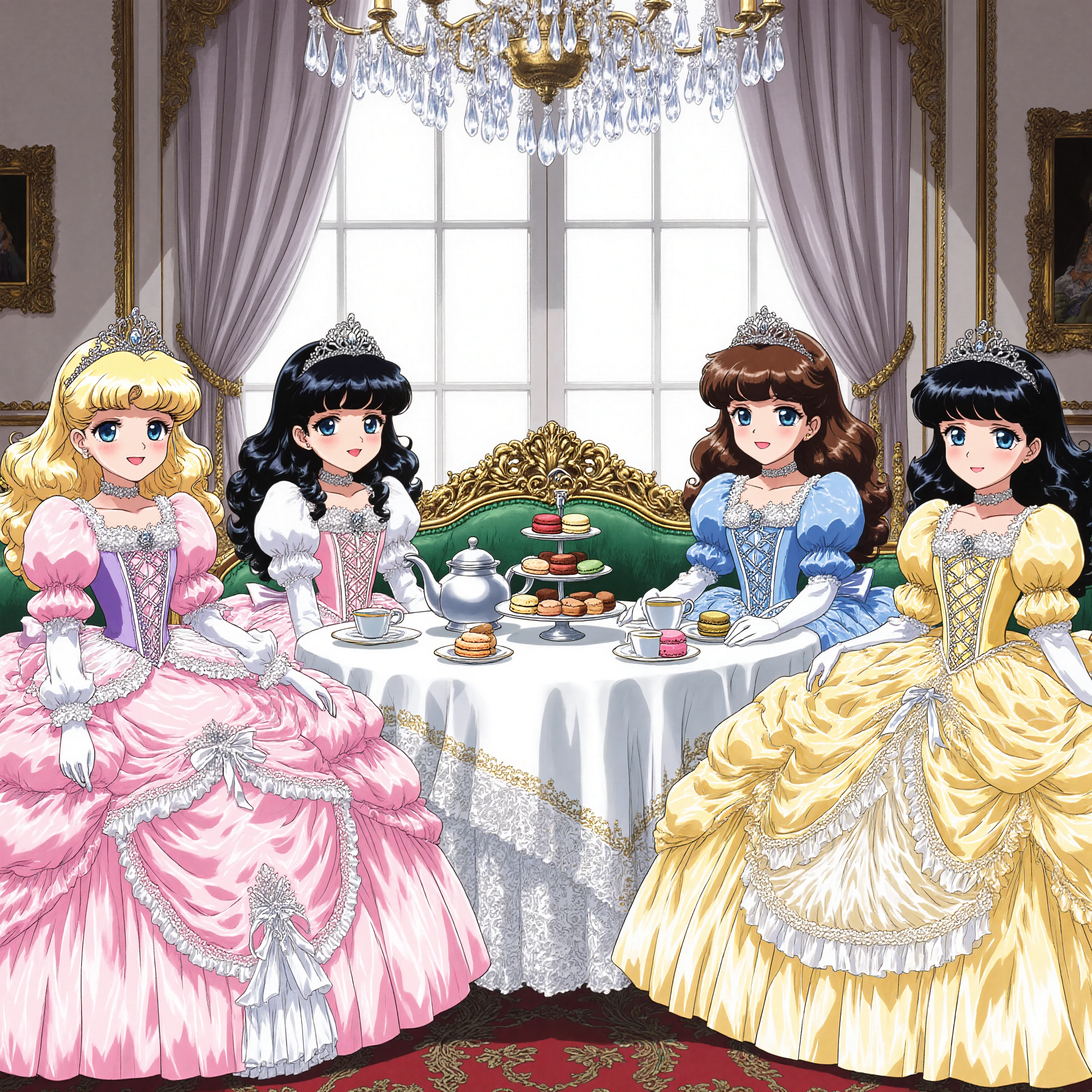 highest quality, masterpiece, highest resolution, artwork, super detailed,((retro anime style,anime screencap,hi vision:1.5)), Four Beautiful little Princesses, 12 years old,little girls, Big Eyes,blue eyes,Long eyelashes,(( happy smile,open mouth:1.0)),round hoop skirt,Lots of lace and frills with the dress, detailed corset with ribbons,tiara,long sleeve,puff sleeves ,long dress,dress has Lots of frills and ribbons,Lavish Palace Tea Room, Elegant Moments of Afternoon Tea,:
- Princess in a Light Purple Dress: Elegant Blonde Hair, Pearl Tiara
- Princess in a Pink Dress: blond curly hair, Diamond Hair Ornament
- Princess in a Light Blue Dress: half up black hair, - Princess in a yellow Dress: brown curly hair, Diamond Hair Ornament ,Crystal Crown Antique Luxury Tea Set:
- pure white fine bone china
- Delicate gold-colored teacups
- silver teapot
- 3 tier cake stand
- Coloured Macarons, Scones, Petite Cakes Elegant Home Decor:
- Crystal Chandeliers
- White walls with gold leaf decorations
- French rococo furniture
- Soft natural light from large windows
- silk drapes
- Persian carpet cinematic light production:
- Natural Light from the Window
- soft sidelights,Elegant bokeh
- An elegant afternoon atmosphere
- soft focus effect in this prompt、Expressing the princesses' glamor。Enjoying Natural Conversation and、I value the harmony of luxurious spaces。