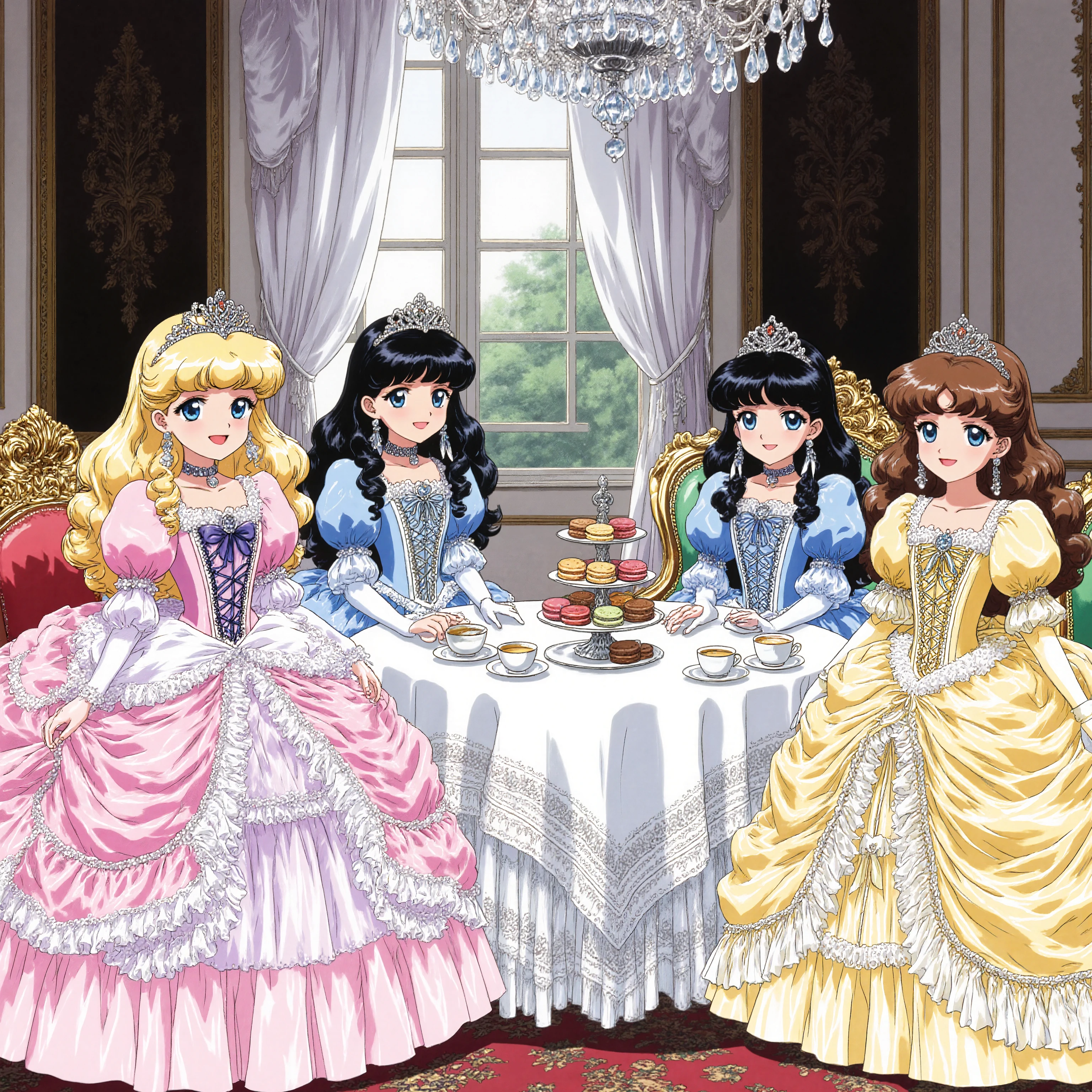 highest quality, masterpiece, highest resolution, artwork, super detailed,((retro anime style,anime screencap,hi vision:1.5)), Four Beautiful little Princesses, 12 years old,little girls, Big Eyes,blue eyes,Long eyelashes,(( happy smile,open mouth:1.0)),round hoop skirt,Lots of lace and frills with the dress, detailed corset with ribbons,tiara,long sleeve,puff sleeves ,long dress,dress has Lots of frills and ribbons,Lavish Palace Tea Room, Elegant Moments of Afternoon Tea,:
- Princess in a Light Purple Dress: Elegant Blonde Hair, Pearl Tiara
- Princess in a Pink Dress: blond curly hair, Diamond Hair Ornament
- Princess in a Light Blue Dress: half up black hair, - Princess in a yellow Dress: brown curly hair, Diamond Hair Ornament ,Crystal Crown Antique Luxury Tea Set:
- pure white fine bone china
- Delicate gold-colored teacups
- silver teapot
- 3 tier cake stand
- Coloured Macarons, Scones, Petite Cakes Elegant Home Decor:
- Crystal Chandeliers
- White walls with gold leaf decorations
- French rococo furniture
- Soft natural light from large windows
- silk drapes
- Persian carpet cinematic light production:
- Natural Light from the Window
- soft sidelights,Elegant bokeh
- An elegant afternoon atmosphere
- soft focus effect in this prompt、Expressing the princesses' glamor。Enjoying Natural Conversation and、I value the harmony of luxurious spaces。