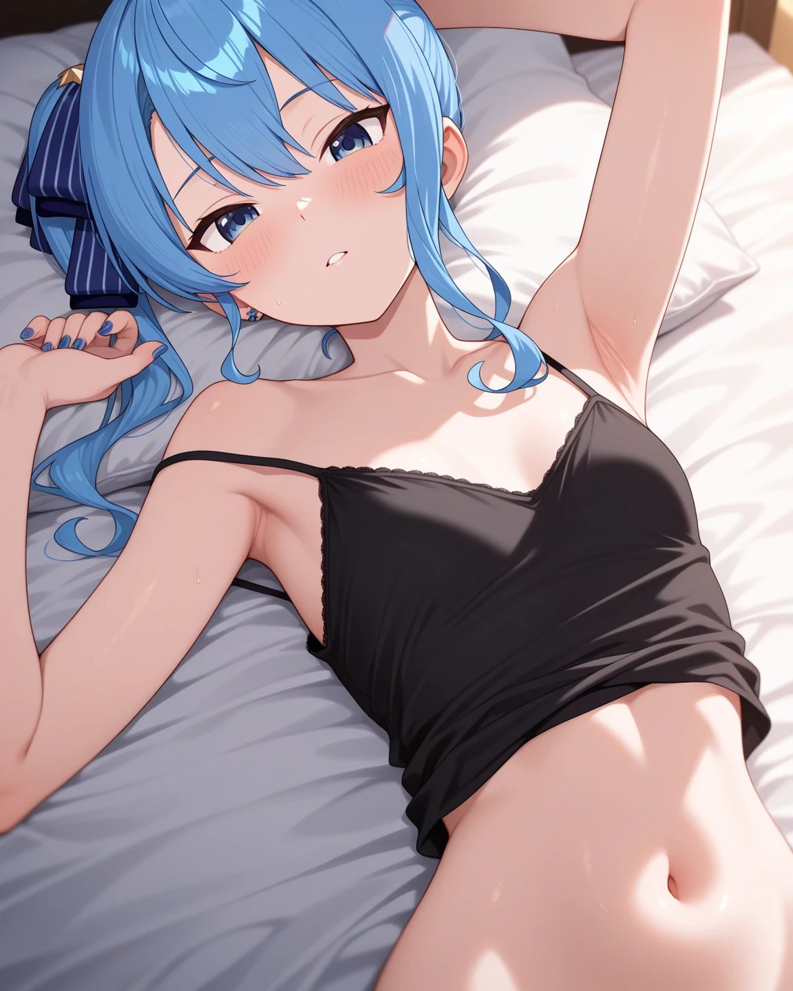 (((Gold cat lingerie))),Side tie panties,The ribbon is lovely, Ribbon Panties,Cats are good, Lace panties,Twin tails,blush, full-face blush,masterpiece, Highest quality, (anime screencap:1.3),(shape), cute,(Simple:1), (anime:1.2),Solo Sharp Focus, 1 Girl, Cleavage,Looking at the audience,Sitting Girl,Sit flat on the floor with your legs bent back,PAW Pose,(Hand Paw Gloves),room,bed,Big Breasts,Beautiful breasts,Beautiful Hips,Accentuate your breasts,((aqua Cat Lingerie 1.1))Twin tail hair,Puffy eyes,cute eyes,PAW Pose,(Cat ears 1.1),