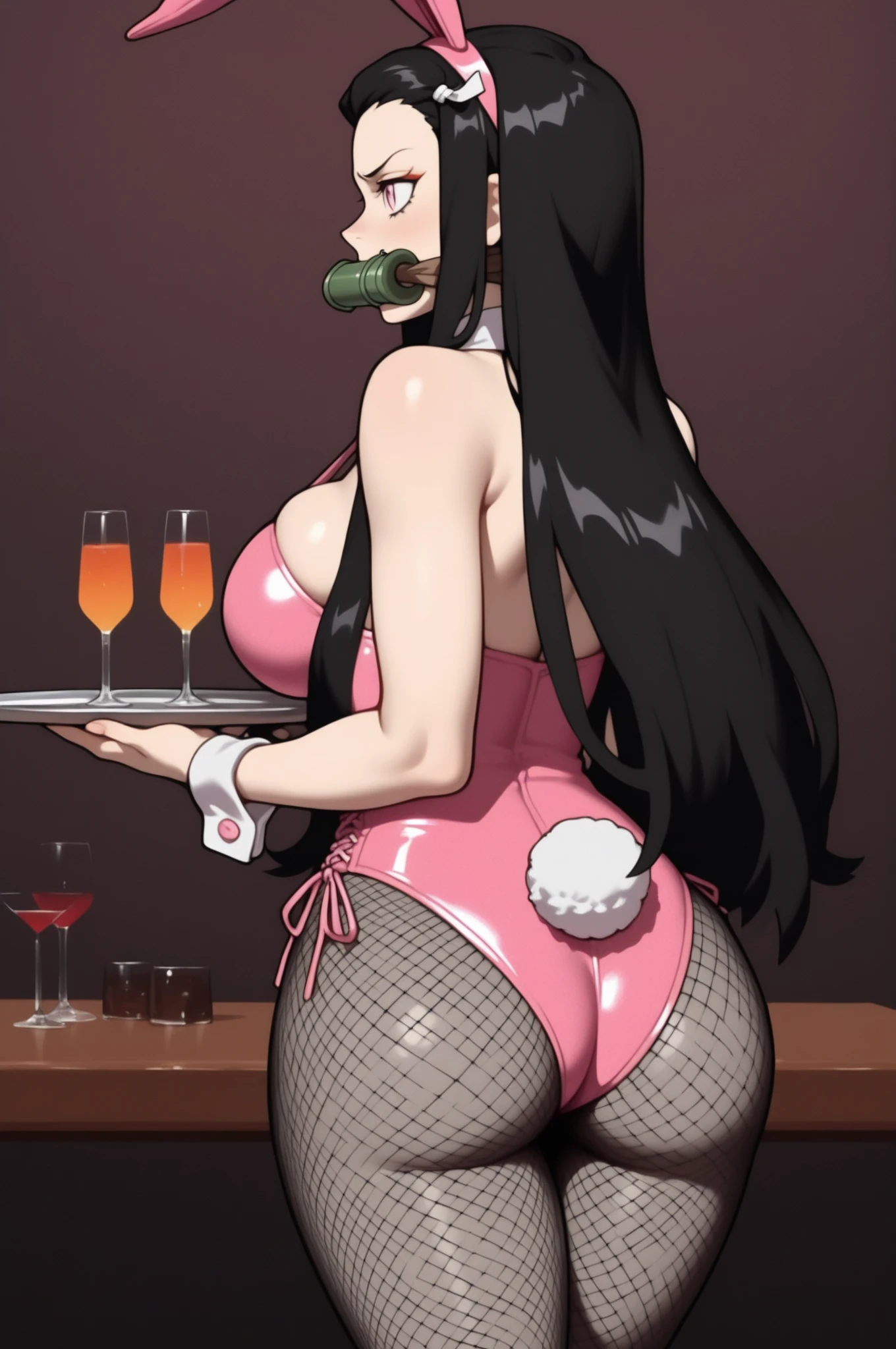 Naked woman in a restaurant black hair white skin 