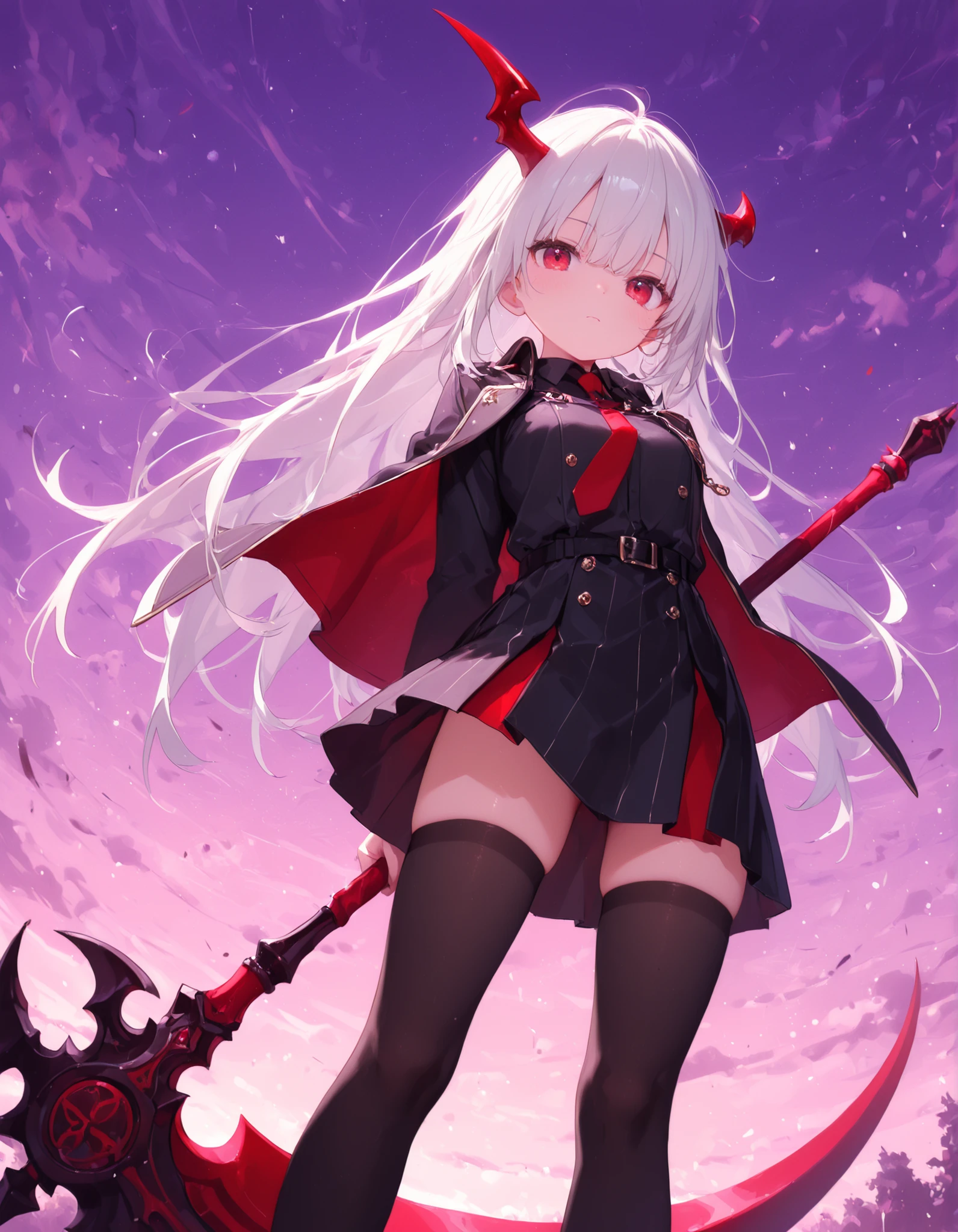 masterpiece, best quality, very aesthetic, 1girl,, solo, red scythe, purple sky