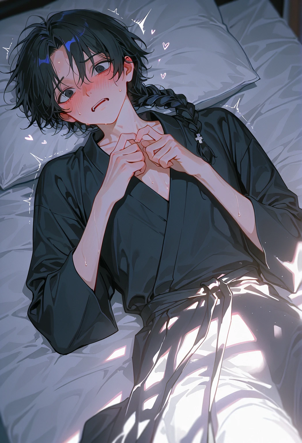 masterpiece, best quality, ultra detailed, (solo man), (male focus), ((young adult)), ((Oblong face)), ((Square jawline)), black hair, ((hairs between eyes)), ((shoulder length)), ((narrow blue eye)), fair skin, slim weak body, beauty mark, nsfw, wet skin, lie down on bed, from above, spread legs, cum