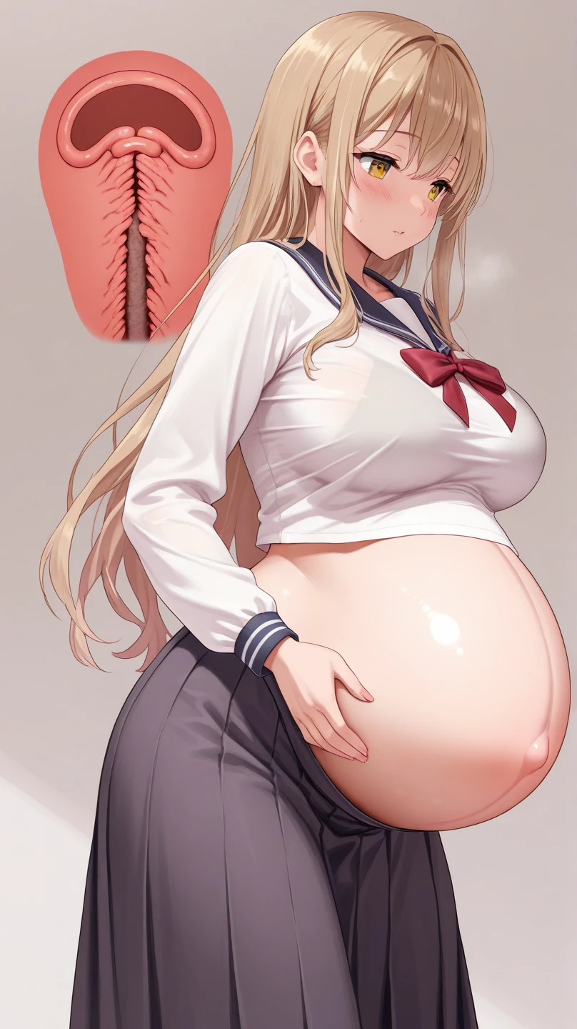 A tall girl with big breasts, beautiful, long yellow hair, her gray eyes, pink lips, wears a white button-down shirt tied with a knot, showing her breasts, showing her belly, and a long purple skirt, pregnant.