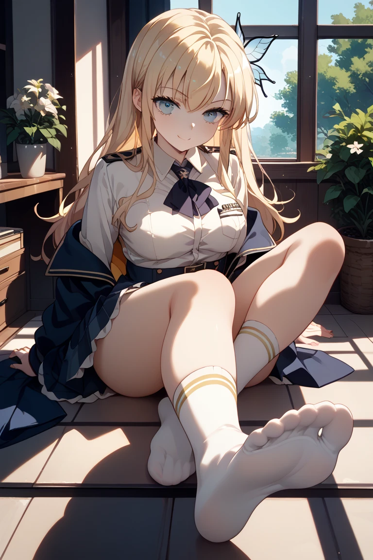 (masterpiece), (Highest quality), (Super detailed), ((Very delicate and beautiful)), One girl, 独奏, Satsuki, Blonde, Cowboy Shot, Black Sailor Suit, White neckerchief, Crescent Pin, (very long hair), smile, Flat Chest, belt, Black Skirt, Open your mouth, Sitting, on bed, indoors, Detailed iris, young, (Skirt Lift), (panties), With legs apart, Squat, From behind, Butt
