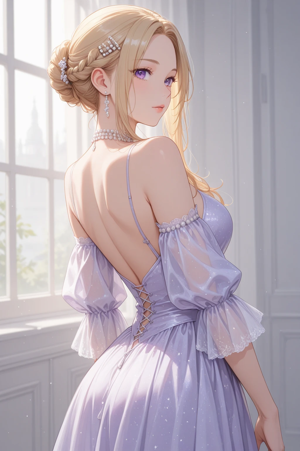 violet evergarden, walinkg in the forest, (purple eyes), with a semi-transparent dress, view from behind, as she turns his head to look back in to the camera