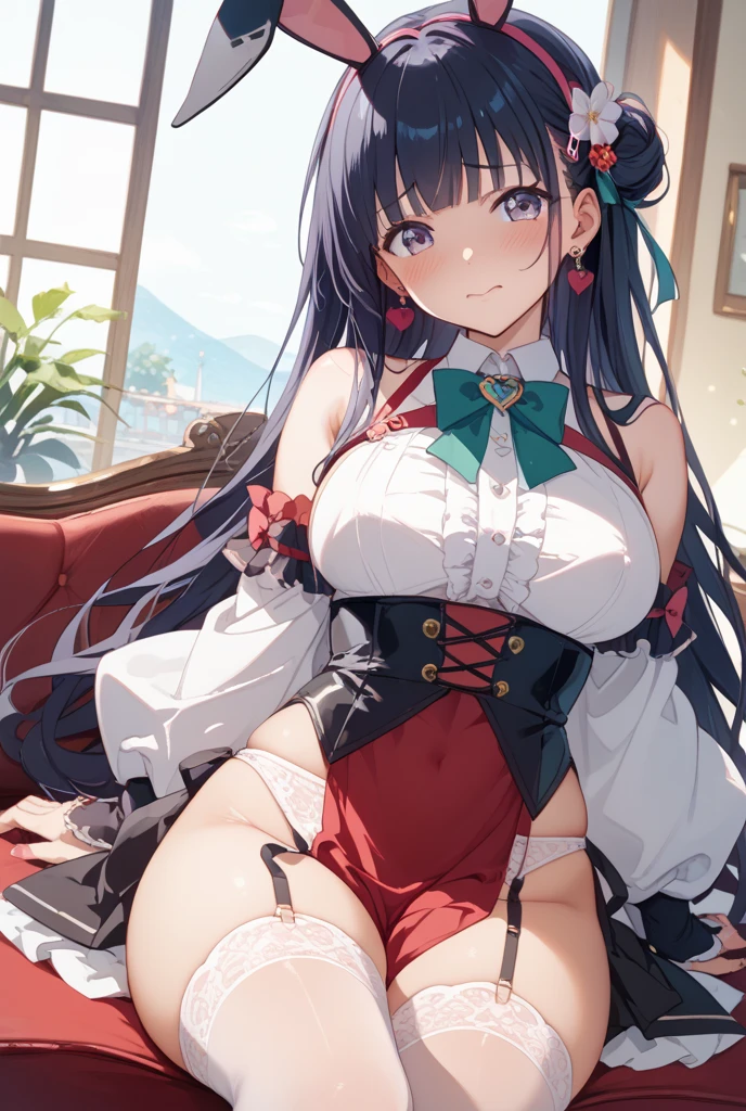 High quality, masterpiece, ultra-detailed, thighband pantyhouse, orange lingerie, 1girl, solo, peaceful expression, long black hair, enchanting pink eyes, fox ears, ridiculously large breasts, grabbing own breast, shiny skin, bedroom, christmas