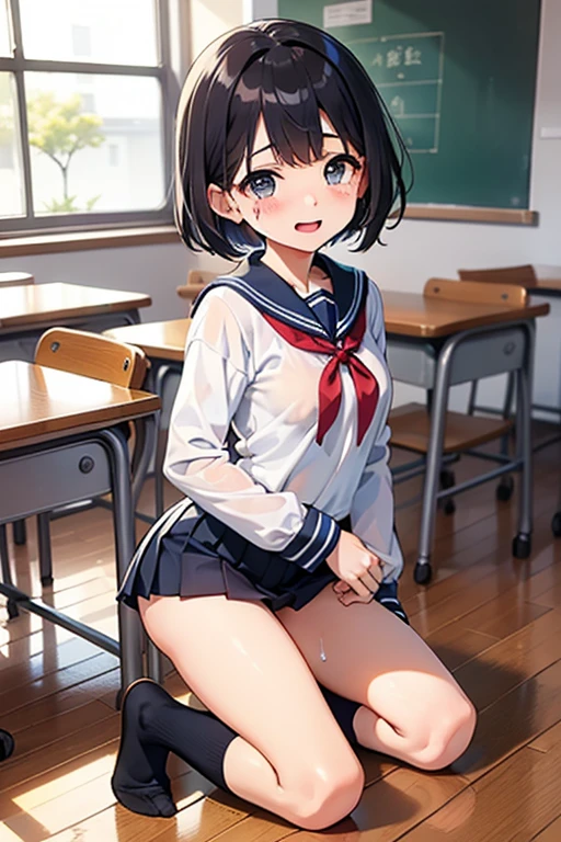 Young elementary school student, black hair, bob hair, small breasts, futanari, ejaculating from a child penis, masturbation, uniform, nipples, panties removed, smile, nympho, ecstasy, classroom, in front of everyone