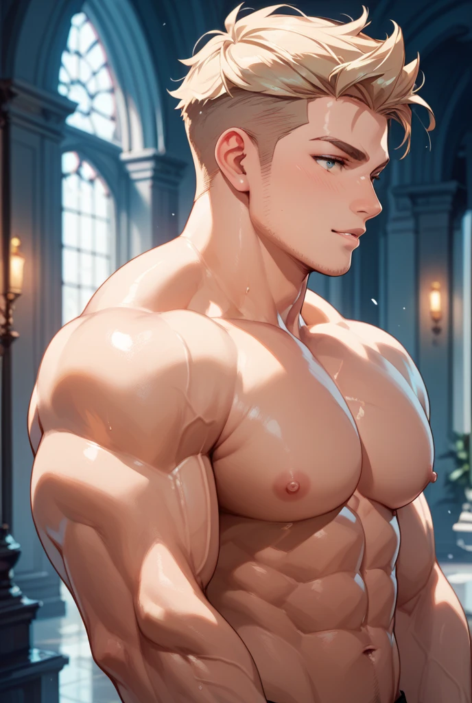 (masterpiece best quality 8k ultra-detailed:1.5) ultra realistic, solo male, muscular handsome (((gold under cut))) (((perfect face,perfect eyes))) (topless), (underwear, big bulge) sweat manly,detailed beautiful face and eyes, perfect beautiful body perfect hands, ((dynamic pose)), shiny skin, realistic shade, sharp, anime style, illustration