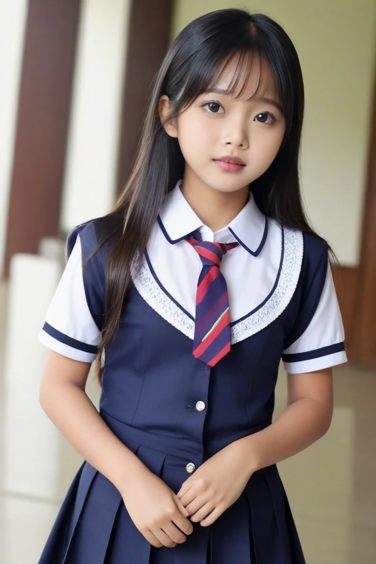Cute schoolgirl, short cut, face up shot, summer clothes, puberty, dusk, frontal, portrait, school, camera gaze