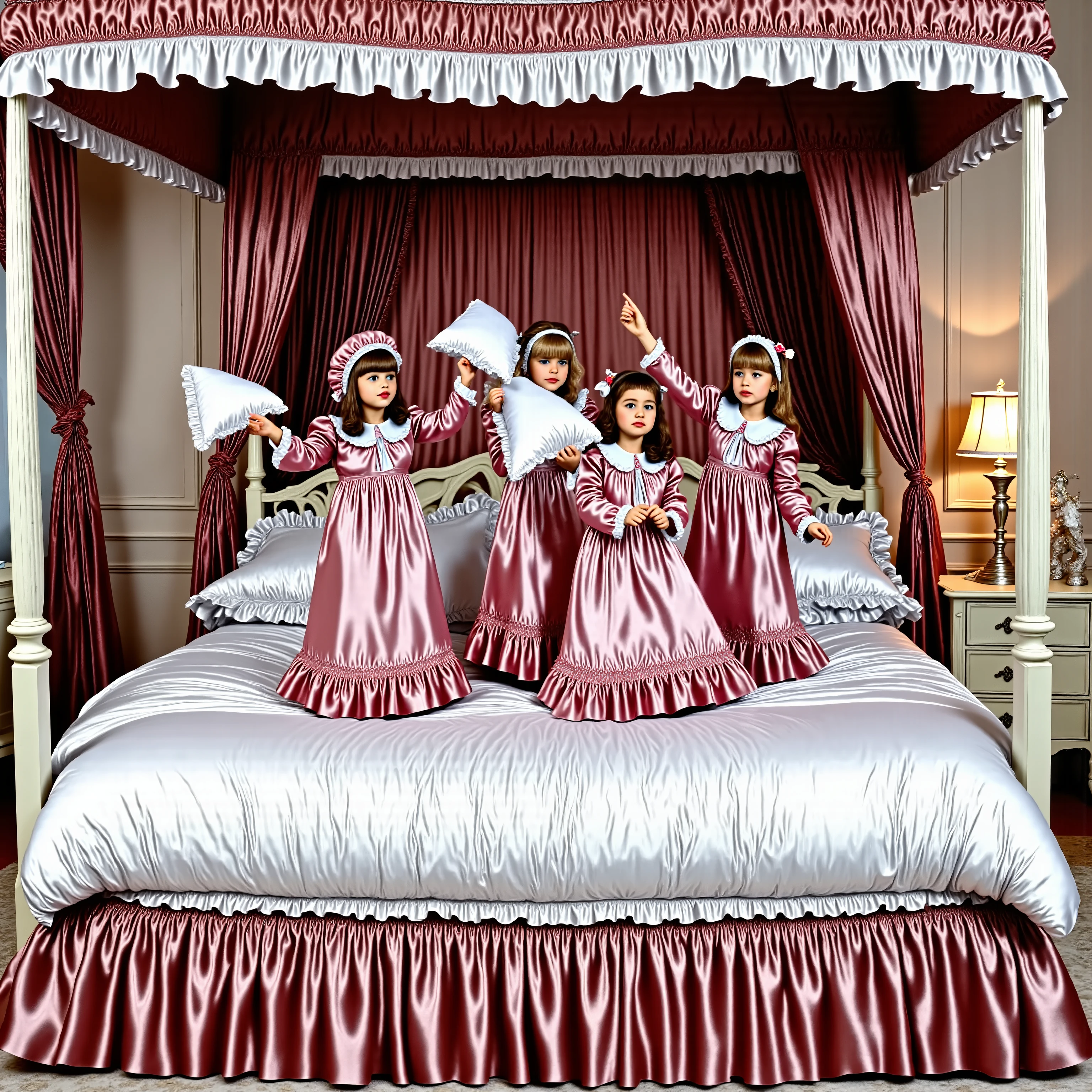 Realistic,highest quality, masterpiece, highest resolution, artwork, super get used to it, many become familiar with, become familiar with, get used to it,change,before bedtime, ,little girl, happy,smile,on the bed,((cute girl on a big bed)),((As a child )), ((little girls pillow fighting on the bed,pillow fight,they have a frilled silk satin pillow:1.2)),((lot of white feather flying,detailed realistic micro feather:2.0)),((ten years old)),european,((blonde very longhair:1.0)),(((white nightgown with lot of frills and ribbons,1920 style victorian nightgowns:1.2))),((frilled Nightcap with ribbon)),((detailed Yoke collar with ruffles and ribbons,detailed ruffed placket:1.0)),((Long sleeves,puff sleeves with ribbons,frilled sleeves)),((frilled Long skirt up to the ankle:1.0)),((The whole body is reflected)),(inside the palace),(in the bedroom at night),Detailed Night view and moon in the window,Before bedtime,White ruffled socks,((Dar view,Big Bed with Lots of frilled pillows,luxurious canopy bed , ,Four-poster canopy bed,King Size Bed,Bigger bed,frilled pillows,More pillows:2.0)), soft and smooth comforter,round puffed comforter,Ruffle Lace Silk.retro white pipe bed frame, realistic,((Out of frame bigger King Size Bed:2.0)), curtain with ruffles ,