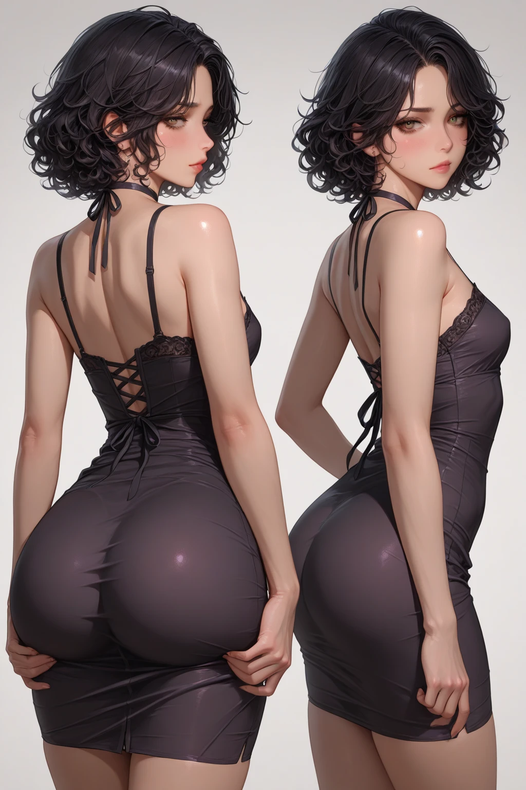 merula, full body, thighs, high heels , medium tits, sexy tight dress, back view. only 1 girl, party background