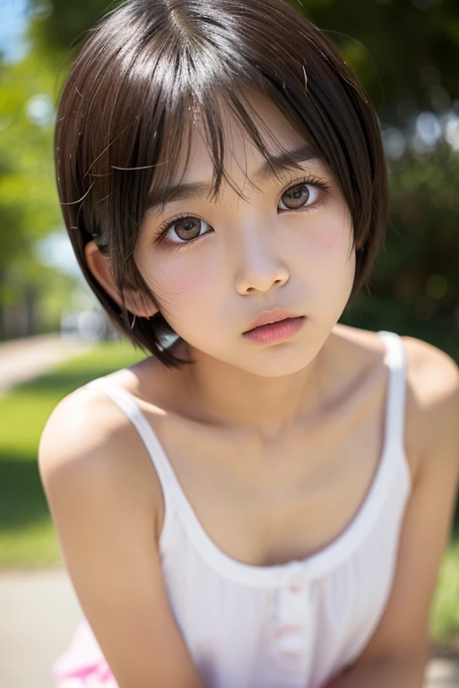 ((Detailed and realistic faces)), (10 years old), 1 person, girl, (Baby Face:1.2), (Very thin body:1.4), (Small breasts), Cliff, (nude:1.1), Short back hair, short hair, (Brown Hair), (smile), ((No makeup)), stand