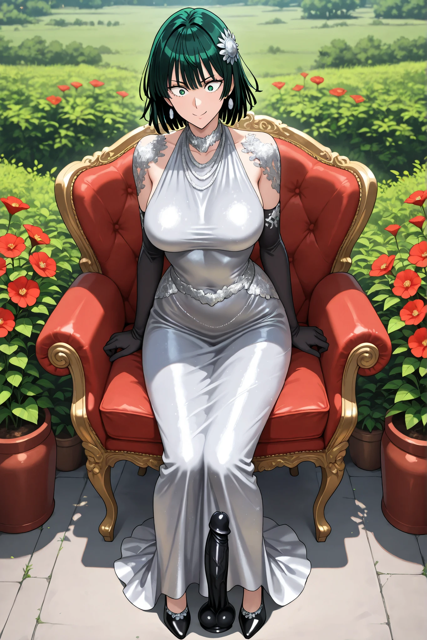 solo, full body, fubuki (one-punch man) sexy busty body mature, shocked expression, simple silver crown, gloves, green eyes, dress, silver dress with gold embroidery on it, black laced gloves, upper body, green hair, flower, medium hair, mysterious smile, sitting on a long black dildo standing on chair. closed mouth, red flower, portrait, outdoors. 