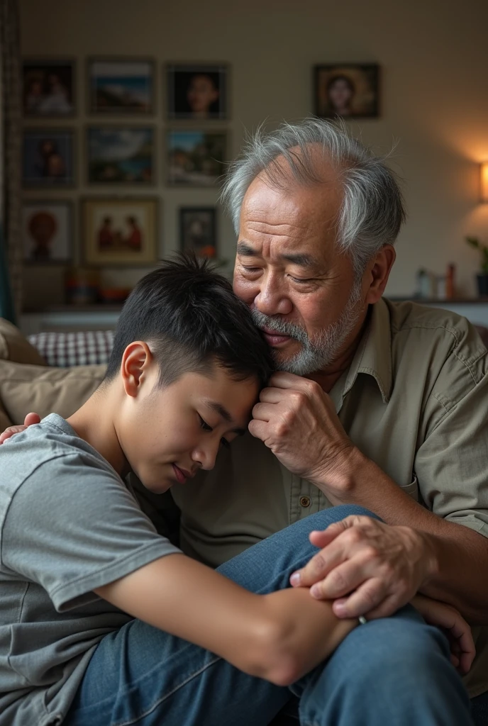 Korean grandpa and 13-year-old Korean girl,Gray photography background，wrestle，floor pressing、Grandpa pinned 3-year-old Korean girl on pillow，High angle shot，The face of a 13-year-old Korean girl，suppress from behind，13-year-old Korean girl Korean girl female idol，A thousand flavors，Grandpa kneels down、Grandpa is here， Korean girl directly above，