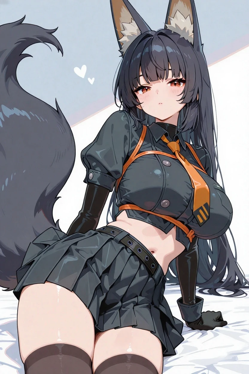hot girl, beautiful long black hair, bright yellow eyes, black bikini, big but medium breasts, a black jacket no panties and long black transparent socks, wolf ears, blush, breasts visible
