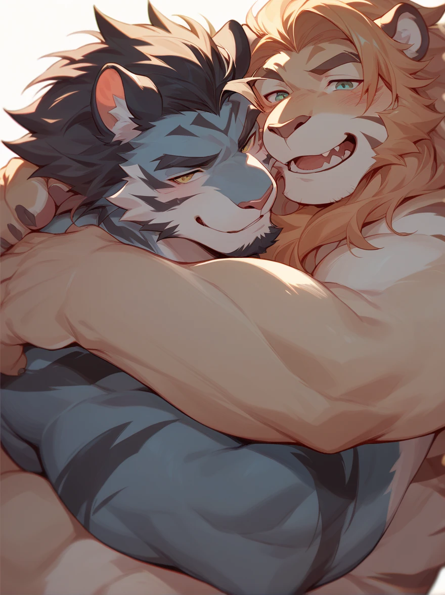 a furry lion, He is 30 years old and he is a father and he is lying in bed, his 18 year old son is on top of his father kissing him