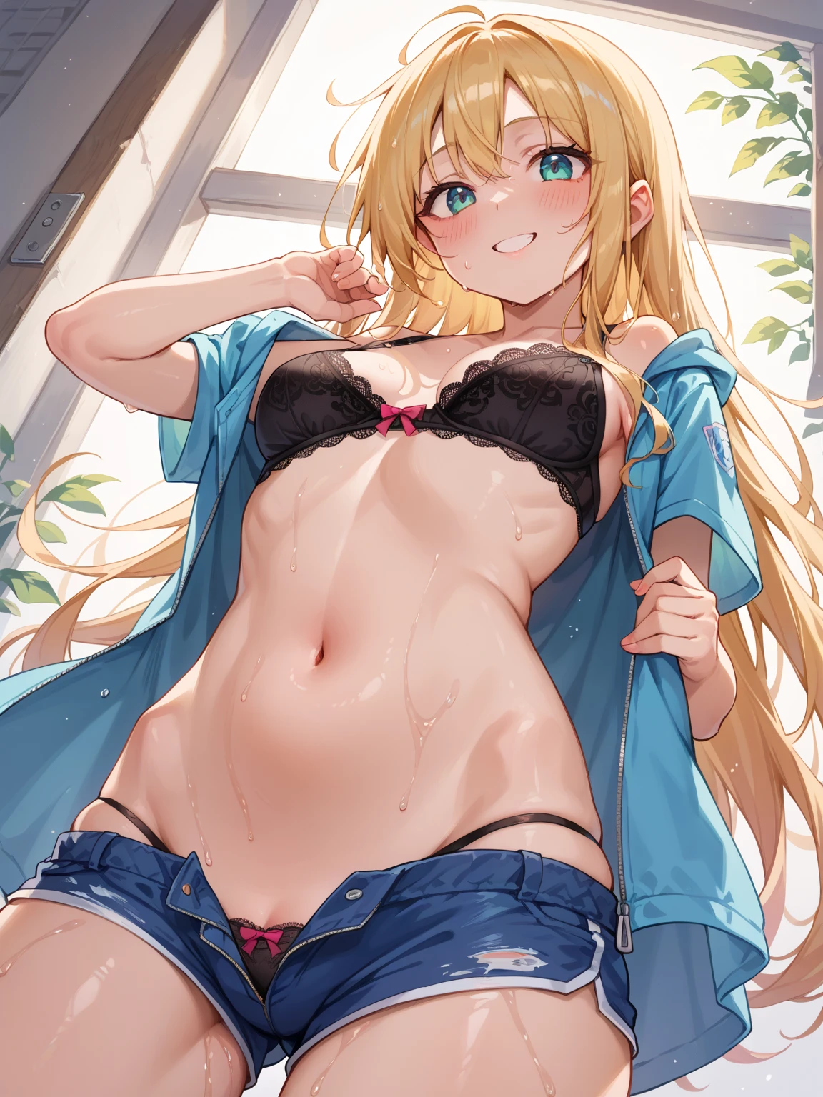 NSFW,(pale illustration,anime illustrations:1.2),(masterpiece, highest quality, so beautiful, Super detailed),textured skin, high details,8k,gleaming skin,pale outline

(hachimiya meguru, idolmaster:1.2),gold hair,

1 girl,(black Thighhighs:1.3),middle breasts,shorty,happy smile,
micro bikini,standing,
from front,white and clean bedroom