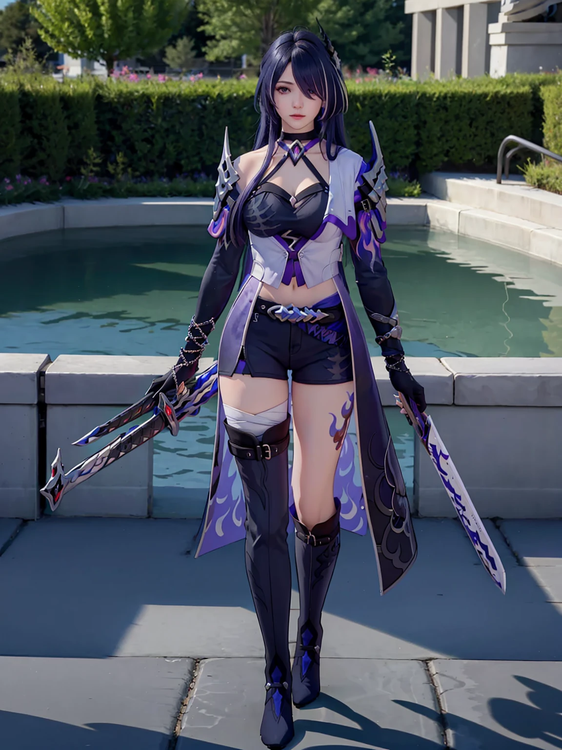 Yin Ji,Purple white double braid long ponytail,Japanese beauty in purple and white mechanical tights holds up a machine gun and fights,actual eyes,beautiful skin,Natural Makeup,cool,personality,brave, Off-shoulder,Reality,4K,High resolution full body photo of the abandoned castle.