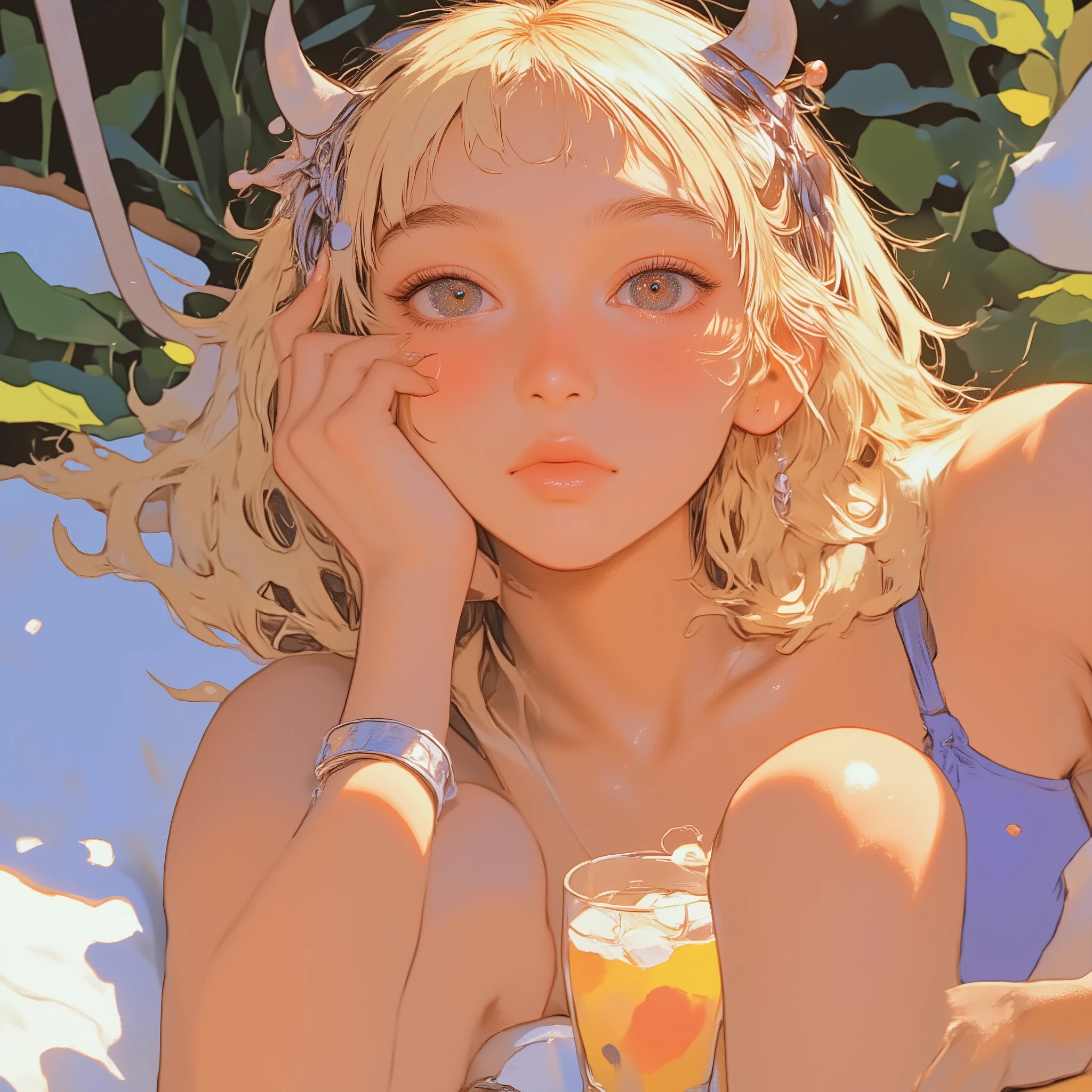 Blonde woman in bikini raises her hand and poses for a photo, Stop 4 *, Portrait of a Japanese Gal, Ayaka, reol like a portrait of a woman, shikamimi, Stop 4, Ayami Koji ima, ( ( Stop 4 # ) ), Japanese Goddess, Mayuri Shiina wearing a blue bikini with a crown on her head, eating and drinking, Asuka, Hey