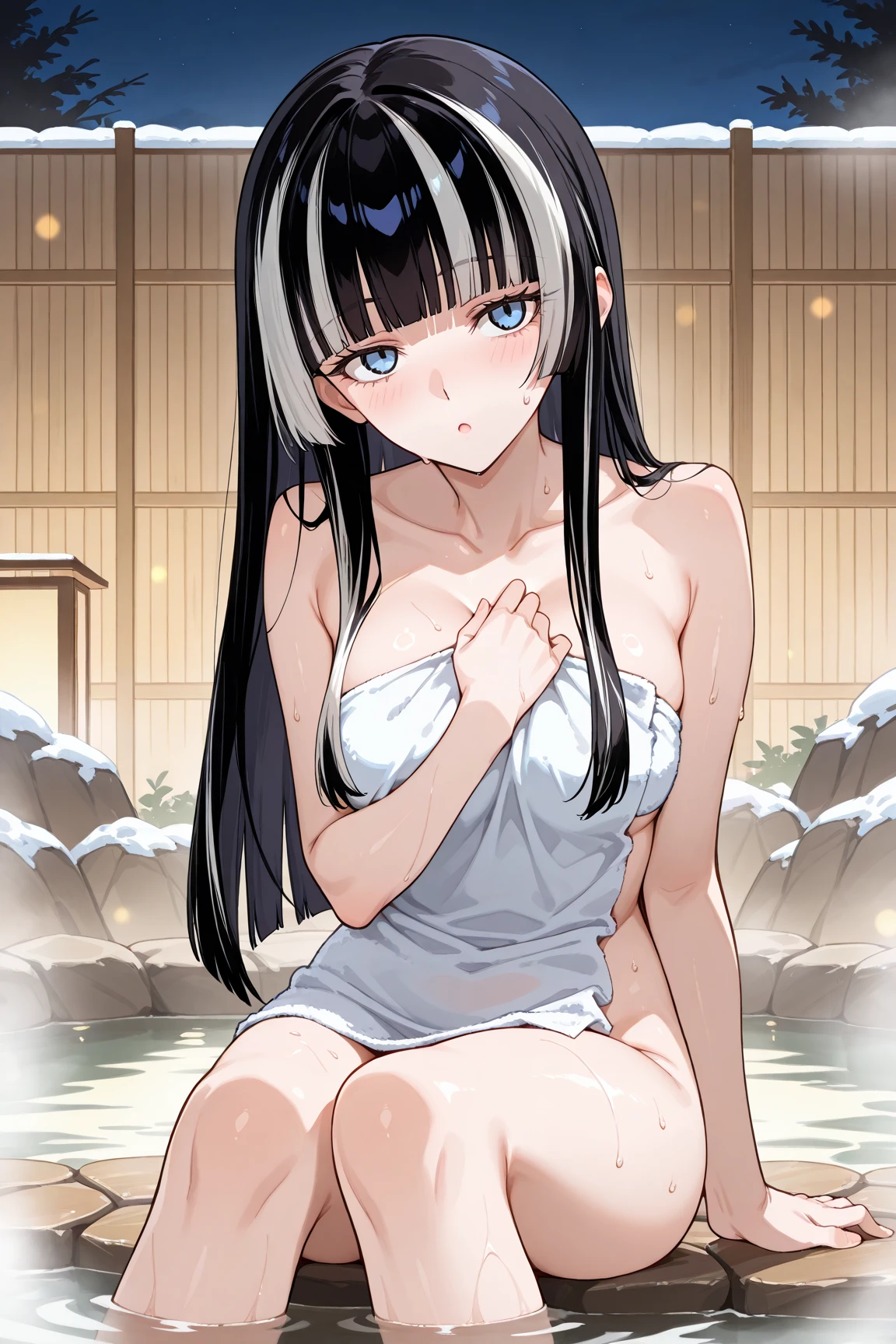 (((masterpiece, Highest quality:1.5,absurdres))),nsfw,25 year old beautiful slave,(dark blue hair),((very small head:1.3)),long hair,bangs,dark blue eyes,gorgeous eyes,tears,shy,medium breasts,((very long body:1.3)),((toned body,slender body)),skinny,(((tan skin:1.3))),gleaming skin,shiny skin,wet:1.5,naked,nipples,navel、vagina、Love juice、Black leather collar with chain、handcuffs、kneeling,Public bath for women、Public bath、Large bathtub、Japan、
