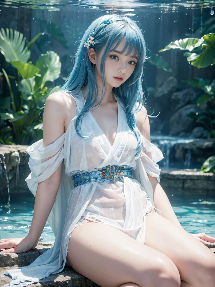 A beautiful girl, white skin and long flowing blue hair, wearing long blue ancient togas dress which is flowing around, perfect body figure, standing and starring, blue water droplets are glowing around her, sparkling water splashes background, mystic water magic, high resolution, fantasy photo, medium full shot,