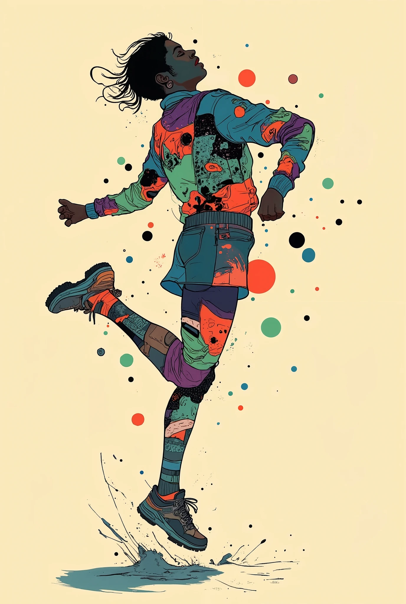 A lively, dynamic silhouette of a leaping figure, probably a dancer or athlete, drawn on a soft beige background. The person is a bold and vibrant color collage, and contains a shade of red, Blue, green, And purple, watercolor,  Abstract Style . This creates a sense of energy and movement within the silhouette, as if jumping It looks like they're capturing a person. The, Textured patterns similar to Impressionist paintings are formed, spots and streaks that suggest movement and fluidity. The person's hair is disheveled and looks dynamic, further suggests movement and vitality. The background contrasts with colorful characters, Clarity is emphasized、silhouette where colors mix and overlap is the focus of the composition. This work conveys a sense of freedom, joy, artistic expression using colors and shapes.