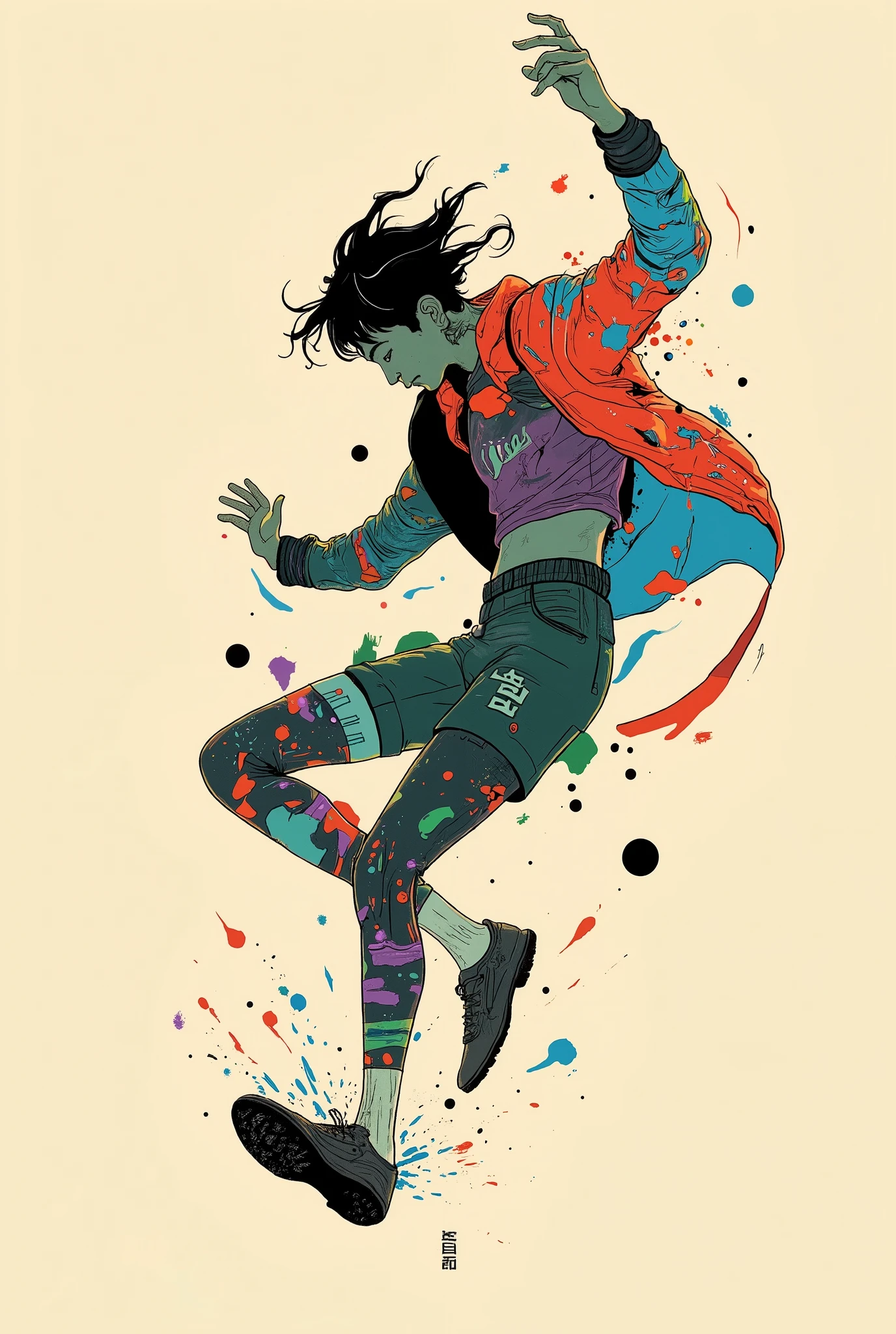 A lively, dynamic silhouette of a leaping figure, probably a dancer or athlete, drawn on a soft beige background. The person is a bold and vibrant color collage, and contains a shade of red, Blue, green, And purple, watercolor, Abstract Style . This creates a sense of energy and movement within the silhouette, as if jumping It looks like they're capturing a person. The, Textured patterns similar to Impressionist paintings are formed, spots and streaks that suggest movement and fluidity. The person's hair is disheveled and looks dynamic, further suggests movement and vitality. The background contrasts with colorful characters, Clarity is emphasized、silhouette where colors mix and overlap is the focus of the composition. This work conveys a sense of freedom, joy, artistic expression using colors and shapes.