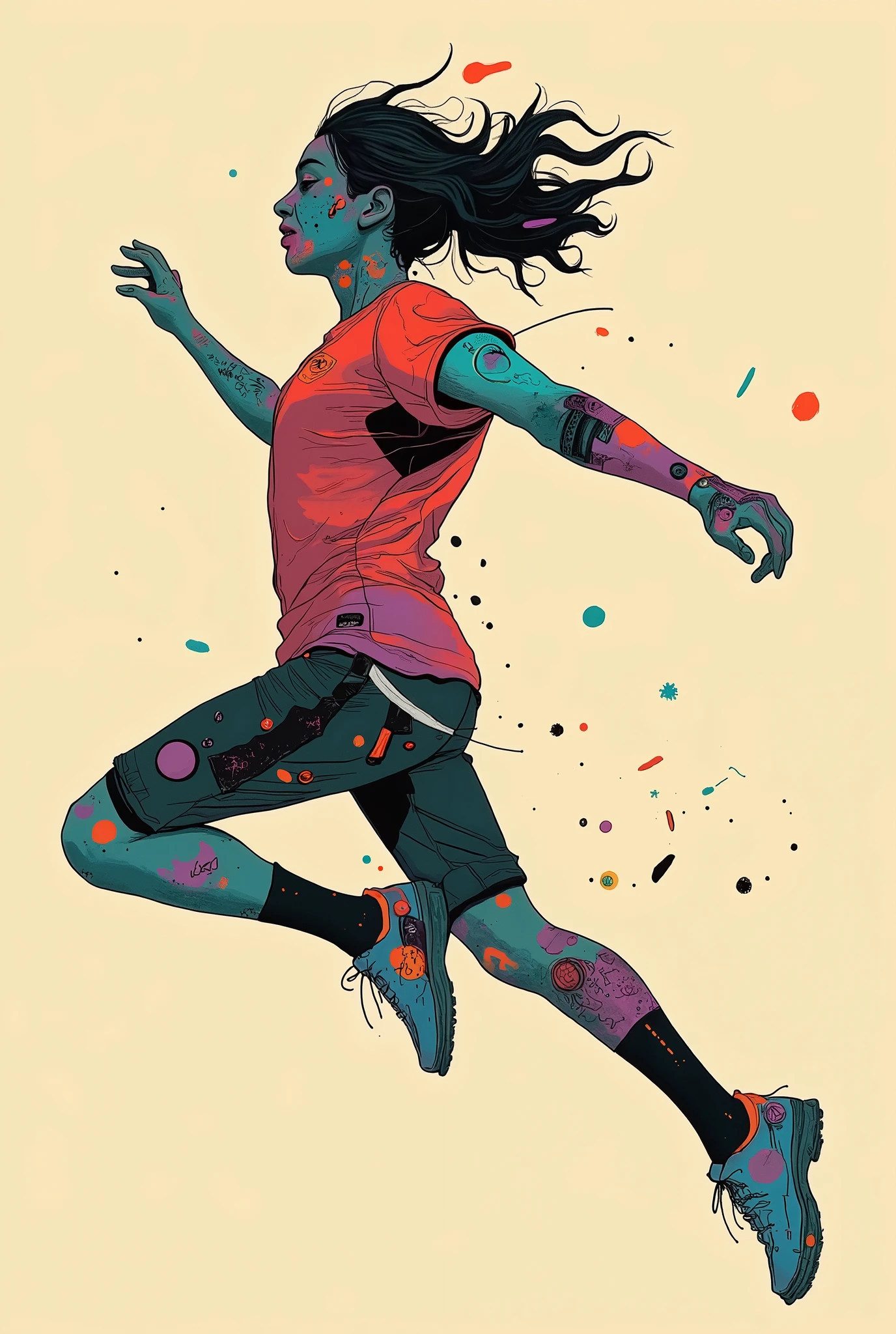 A lively, dynamic silhouette of a leaping figure, probably a dancer or athlete, drawn on a soft beige background. The person is a bold and vibrant color collage, and contains a shade of red, Blue, green, And purple, watercolor,  Abstract Style . This creates a sense of energy and movement within the silhouette, as if jumping It looks like they're capturing a person. The, Textured patterns similar to Impressionist paintings are formed, spots and streaks that suggest movement and fluidity. The person's hair is disheveled and looks dynamic, further suggests movement and vitality. The background contrasts with colorful characters, Clarity is emphasized、silhouette where colors mix and overlap is the focus of the composition. This work conveys a sense of freedom, joy, artistic expression using colors and shapes.