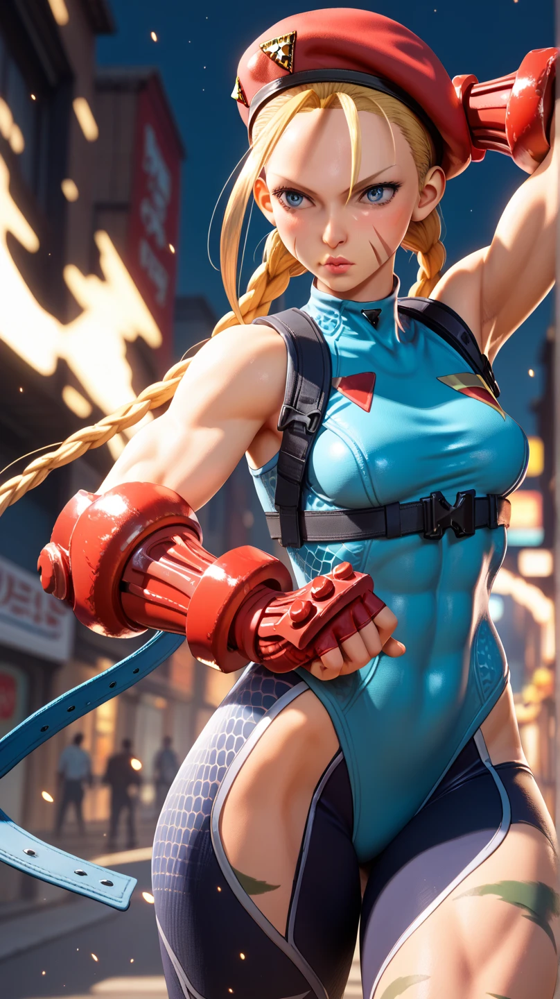 masterpiece, ultra high quality, ultra high definition, 8K, totally realistic, Cammy (Street Fighter), identical to the game, faithful to the anime, same as the game, very similar to the game, original costumes, original clothes, extremely beautiful, alone, full body, highly detailed face, fully detailed eyes, perfect eyes, perfect features, very beautiful body, perfect body, pel natural texture, cheerful smile,  Posing, ????, full sharpness, (realistic photo)