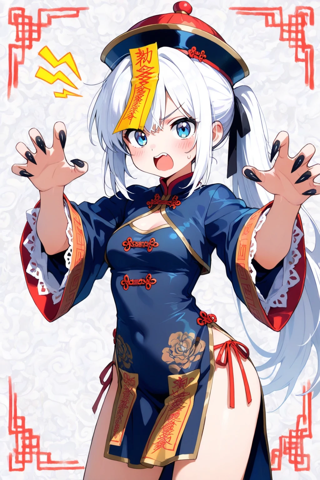 A jiangshi girl dances with a smile and a hop. She has pale skin and red eyes. She wears a blue and white qipao with a yellow talisman on her forehead. She has two long braids that bounce with her movements. She is inside a white lighting box with a gray background.