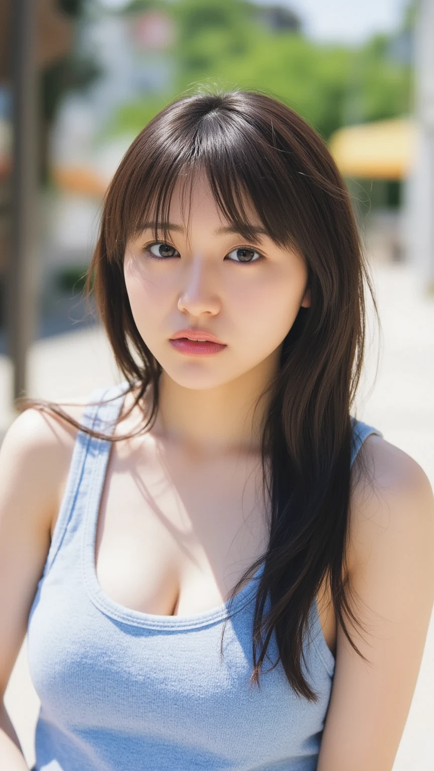 ((highest quality, 8k, masterpiece: 1.3)), Beautiful girl with huge breasts, Frowning expression, Full body portrait of a woman, Face thinning, Elegant woman, (Dark brown hair: 1.2), Rich facial details, Delicate eyes with double eyelids, Face thinning, in the rain、Wet and see-through white lace bra and thong, Shiny wet body (1.1), Large Breasts (1.1), Golden Ratio Chart, Full body portrait,