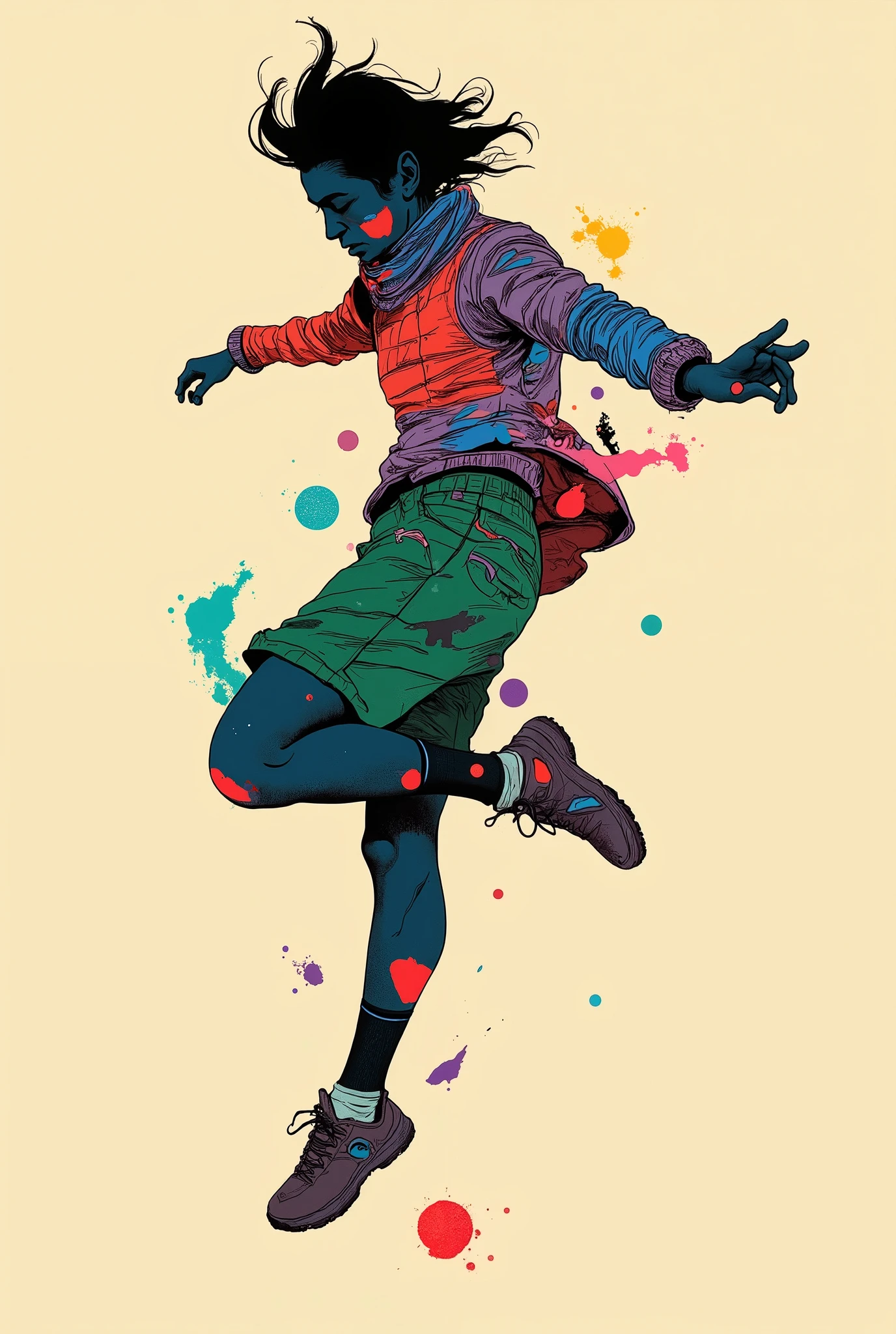 A lively, dynamic silhouette of a leaping figure, probably a dancer or athlete, drawn on a soft beige background. The person is a bold and vibrant color collage, and contains a shade of red, Blue, green, And purple, watercolor,  Abstract Style . This creates a sense of energy and movement within the silhouette, as if jumping It looks like they're capturing a person. The, Textured patterns similar to Impressionist paintings are formed, spots and streaks that suggest movement and fluidity. The person's hair is disheveled and looks dynamic, further suggests movement and vitality. The background contrasts with colorful characters, Clarity is emphasized、silhouette where colors mix and overlap is the focus of the composition. This work conveys a sense of freedom, joy, artistic expression using colors and shapes.