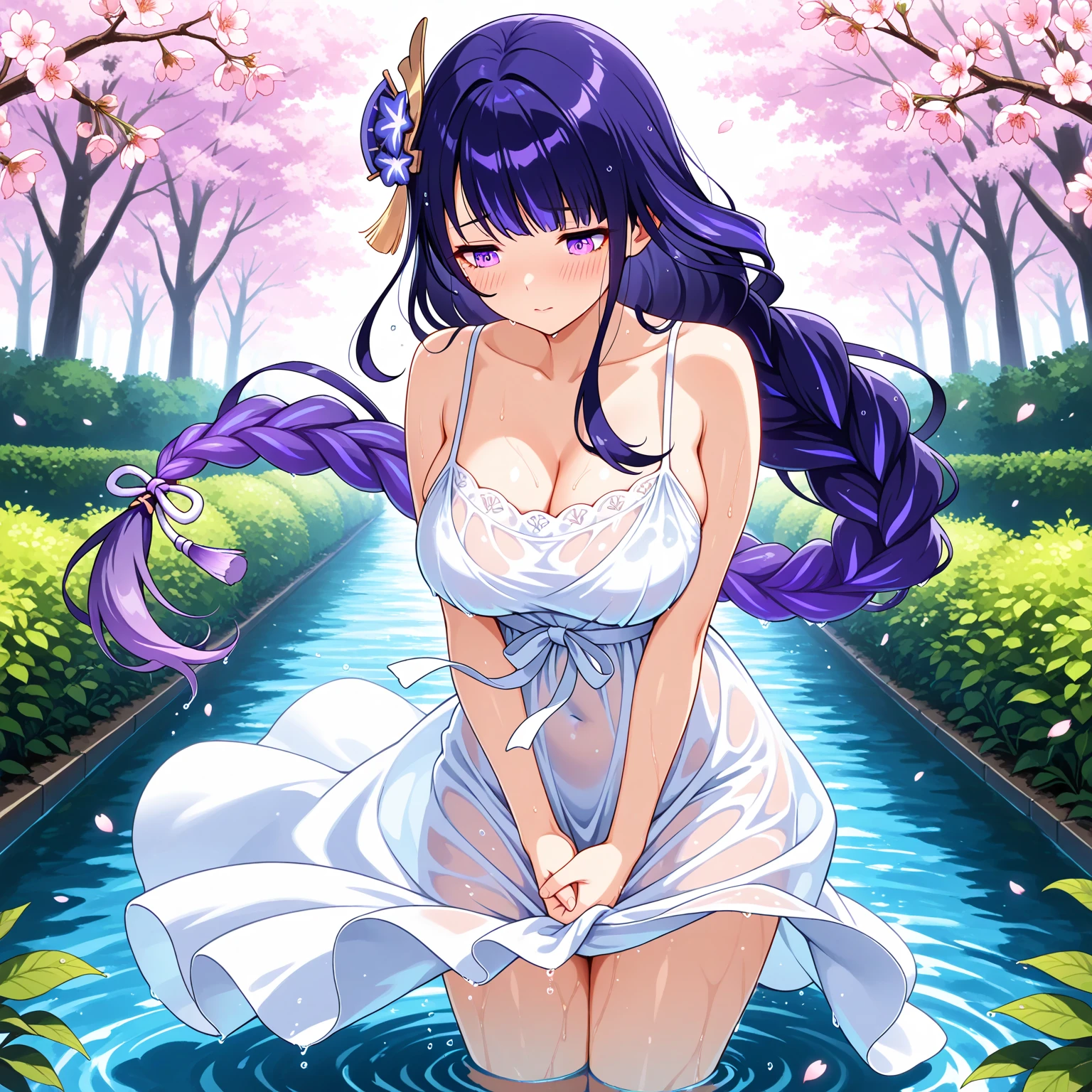 {{{{masterpiece}}}}, {{{super detailed}}}, {{{High resolution}}}, {{excellent ???????}}, (((highest quality))), ((very delicate and beautiful)), {{very detailed and delicate}}, {8k cg wallpaper},((detailed background))One female、best style、beautiful woman、The most beautiful woman in the world、Purple flowers are blooming on the purple lake surface, soft purple glow, Purple light, (purple wisteria forest), wisteria season, art, shining purple, Purple petals are dancing everywhere、 The blossoming path to heaven, purple glow、Purple water、purple reflective water surface、purple light、(Sexy sheer dress:1.5),((big breasts))、show through、waterside and wisteria、Detailed design、beautiful design、sexy pose、Sheer skin、shape of nipple