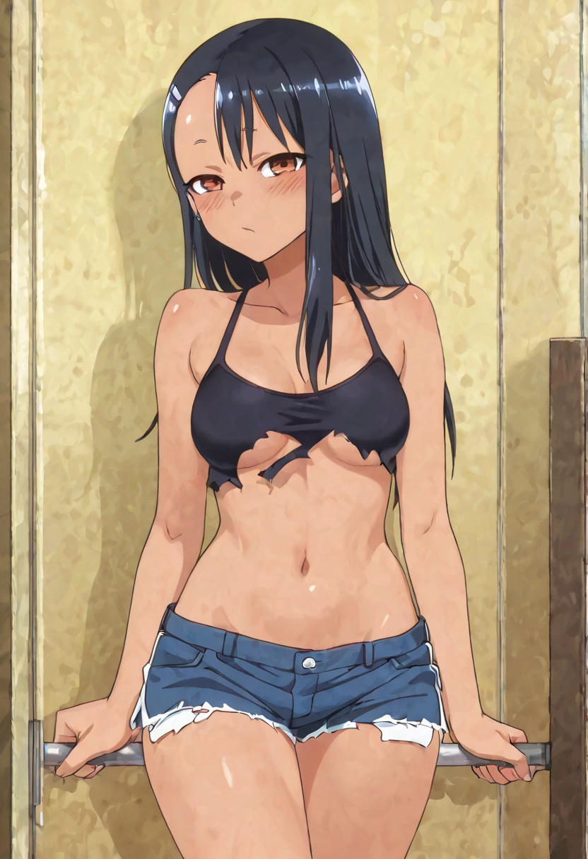 ((best quality)), ((masterpiece)), (detailed), perfect face, brown skin anime girl in a deep V neck backless halter top, (jeans trousers), famished in hunger, (gently resting hands on stomach), (long hair), (hands on her stomach), (eyes closed), (slim girl), (skinny stomach), (flat stomach)