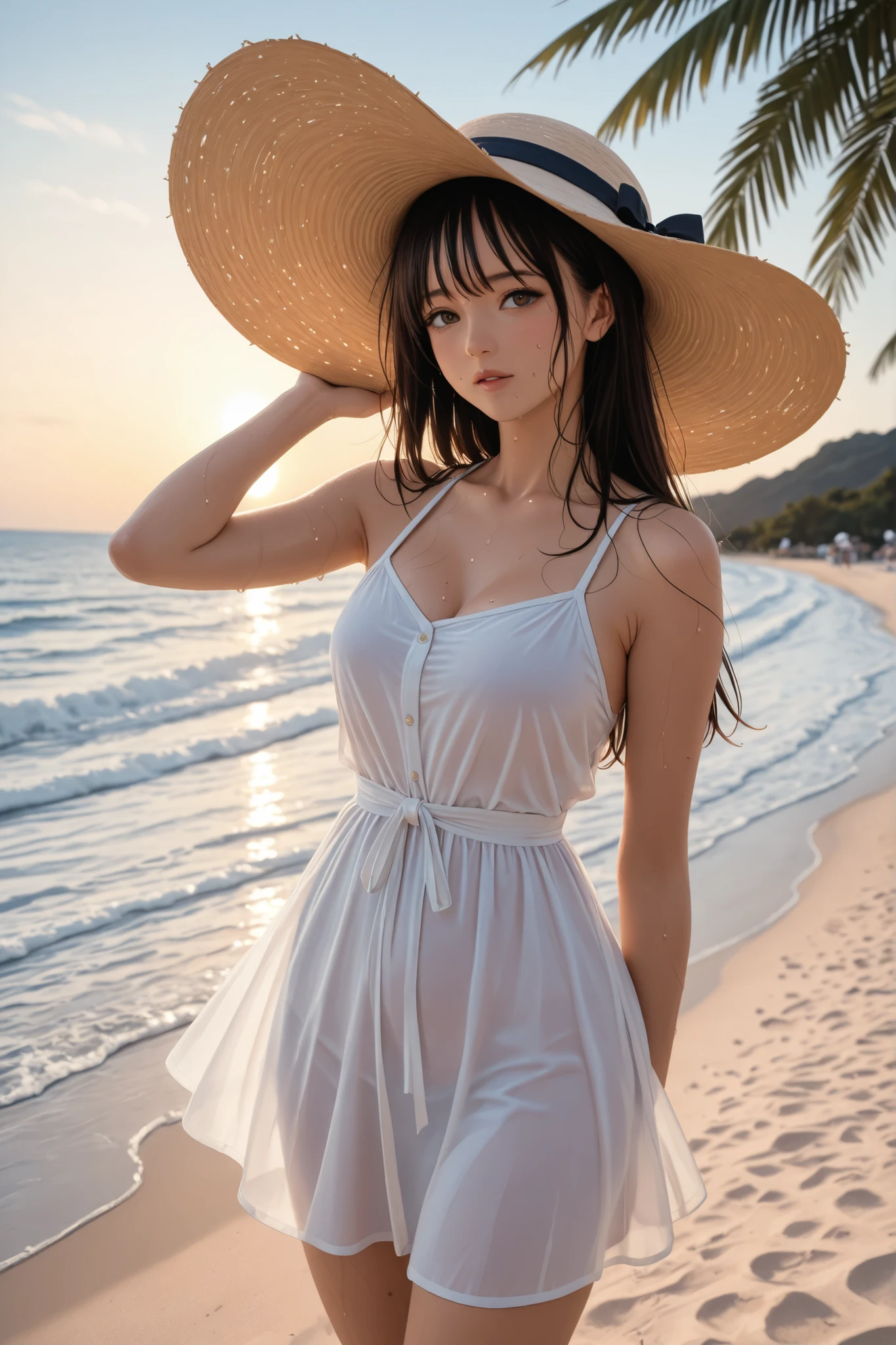 (SONYA1, SEL50F12GM), 1girl in,22year old, F Cup Beautiful Breasts, smiling with pleasure, 8k Photos, hight resolution, High quality, (masuter piece:1.3), MXMK White Dress, Bare shoulder, Purple eyes, Detailed depiction iris, White Dress, braid, shock, Beautiful beach resort with white sand, beach, Sunset on the horizon, Soft light, (Dynamic shots), (cowboy shot), Adequate depth of field, Proper contrast,