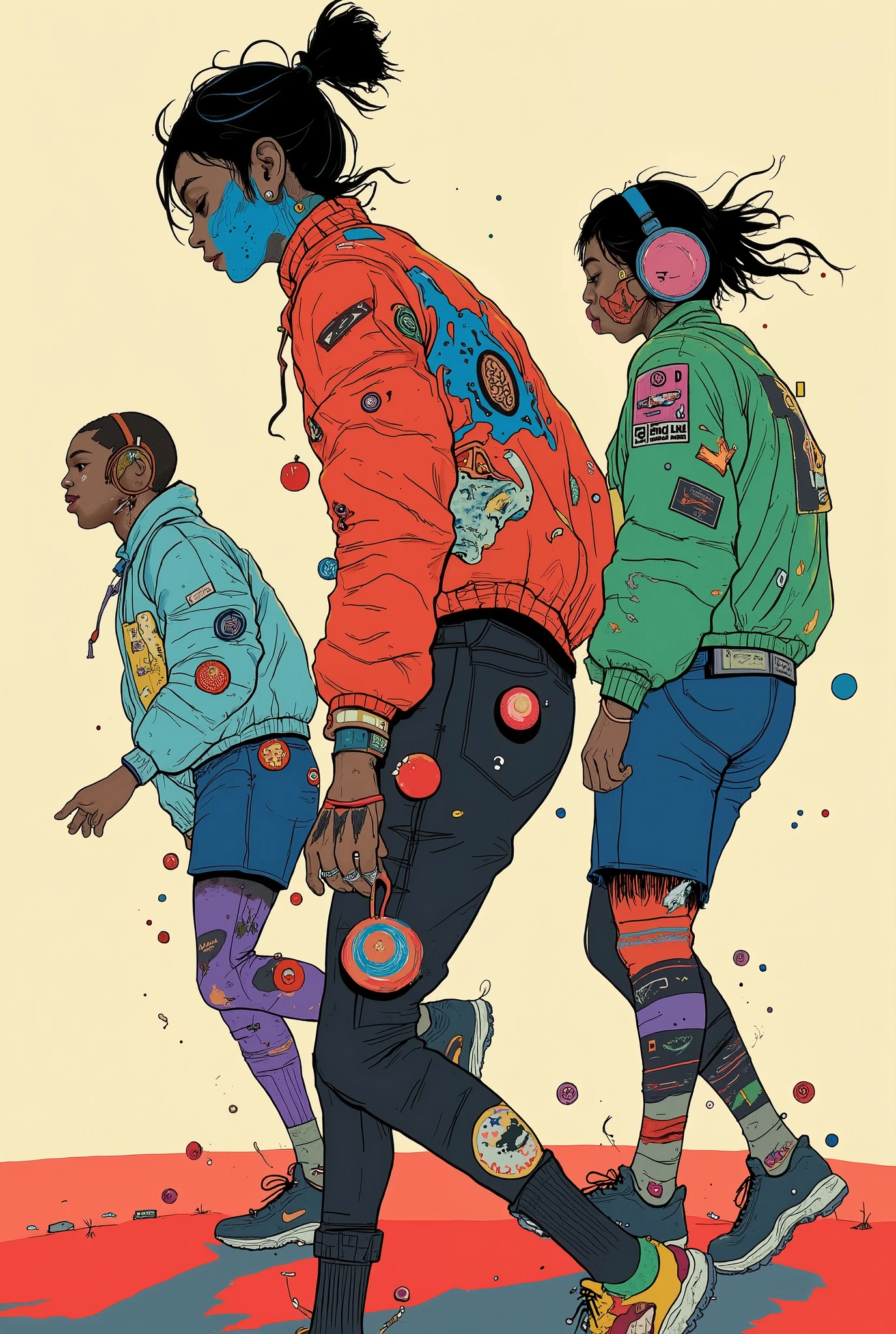 Vivid and dynamic silhouettes of dancing figures, probably a dancer or athlete, drawn on a soft beige background. The person is a bold and vibrant color collage, and contains a shade of red, Blue, green, And purple, watercolor,  Abstract Style . This creates a sense of energy and movement within the silhouette, as if jumping It looks like they're capturing a person. The, Textured patterns similar to Impressionist paintings are formed, spots and streaks that suggest movement and fluidity. The person's hair is disheveled and looks dynamic, further suggests movement and vitality. The background contrasts with colorful characters, Clarity is emphasized、silhouette where colors mix and overlap is the focus of the composition. This work conveys a sense of freedom, joy, artistic expression using colors and shapes.