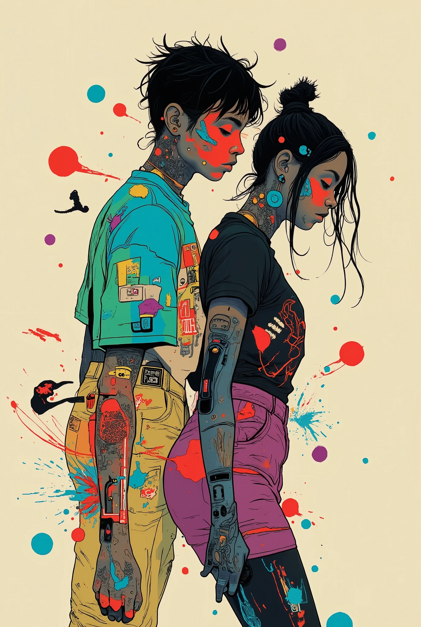 Vivid and dynamic silhouettes of dancing figures, probably a dancer or athlete, drawn on a soft beige background. The person is a bold and vibrant color collage, and contains a shade of red, Blue, green, And purple, watercolor,  Abstract Style . This creates a sense of energy and movement within the silhouette, as if jumping It looks like they're capturing a person. The, Textured patterns similar to Impressionist paintings are formed, spots and streaks that suggest movement and fluidity. The person's hair is disheveled and looks dynamic, further suggests movement and vitality. The background contrasts with colorful characters, Clarity is emphasized、silhouette where colors mix and overlap is the focus of the composition. This work conveys a sense of freedom, joy, artistic expression using colors and shapes.