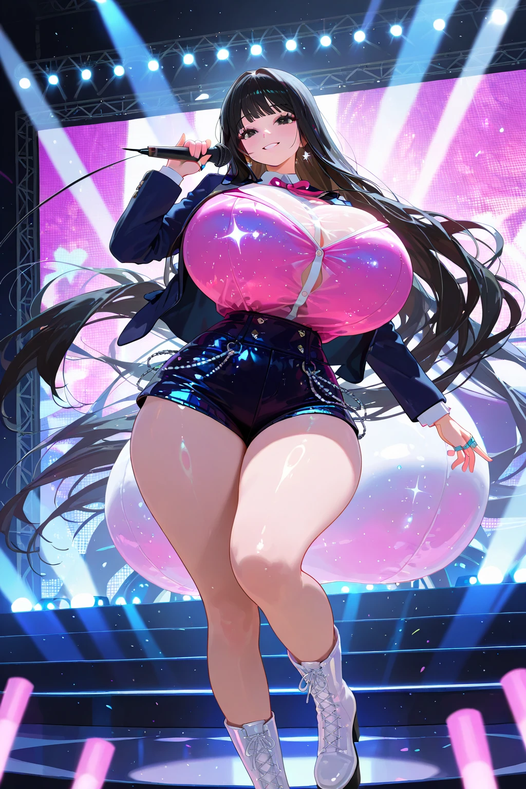 Bunny Girl,Rabbit ears,Bunny Girl,Idol singer,star,Dark Magic, Dark Forest, negaive energy, hell, Blank, Star, Black Hair,A girl,Squatting,M-pose,Squat,,Photos,Unreal Engine 5 Photorealistic Rendering,(Cover comic magazine:1.6),game character, Role Player, Standing on Kyoto Castle, Pretty Face, Arm tattoo,Tattoo on the chest,ace of spades,Belly tattoo,Body hyperreality,thick muscles,Wet body,Liquid dripping from the body,Sweat,excellent!! Types with bobelon, Big Case, Moisturizing and radiant body, Short brown hair,Pink latex coat,prom,Nightclub,on stage,spotlight,Put your hands behind your back,Onlookers,Heart-shaped,White Net Garter,Side back,Distortion angle of view