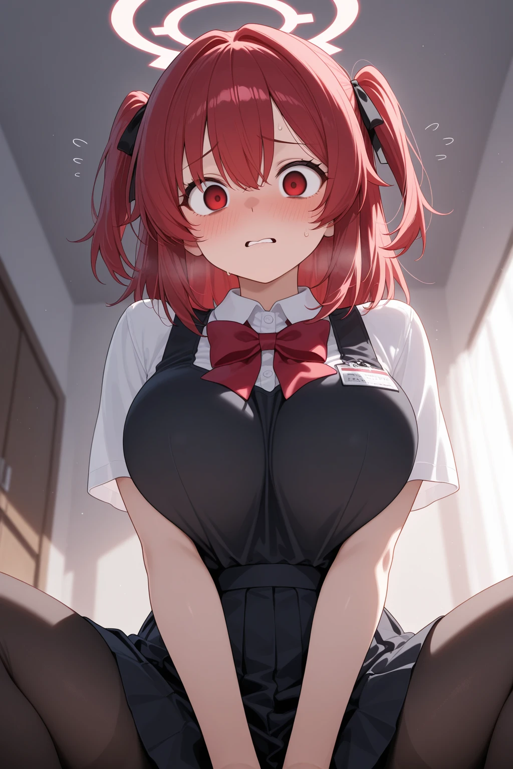 A large amount of is all over the body on the chest and tongue, taken from the front, a woman with pigtails (tied in two) with red hair (two side up, half twin tails) solo, delicate face, long eyelashes, (red eye: 1.3), medium cleavage, tartan check, music room, angle from above, uniform, light blue underwear, sweat, thin, mouth wide open, tongue out, crawling on all fours, A large amount of white yogurt on the chest and tongue