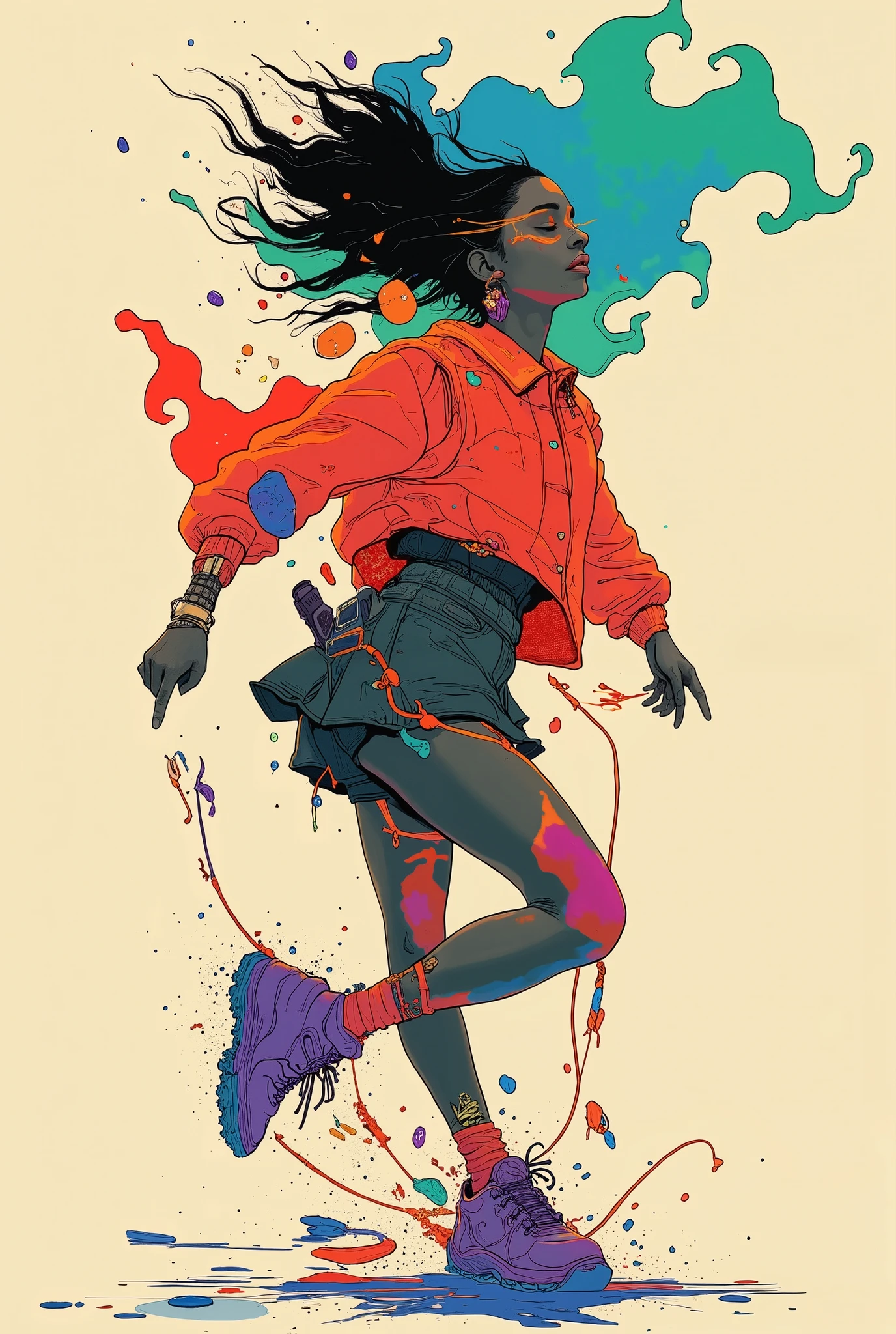 The lively and dynamic silhouette of a single person dancing violently, probably a dancer or athlete, drawn on a soft beige background. The person is a bold and vibrant color collage, and contains a shade of red, Blue, green, And purple, watercolor,  Abstract Style . This creates a sense of energy and movement within the silhouette, as if jumping It looks like they're capturing a person. The, Textured patterns similar to Impressionist paintings are formed, spots and streaks that suggest movement and fluidity. The person's hair is disheveled and looks dynamic, further suggests movement and vitality. The background contrasts with colorful characters, Clarity is emphasized、silhouette where colors mix and overlap is the focus of the composition. This work conveys a sense of freedom, joy, artistic expression using colors and shapes.