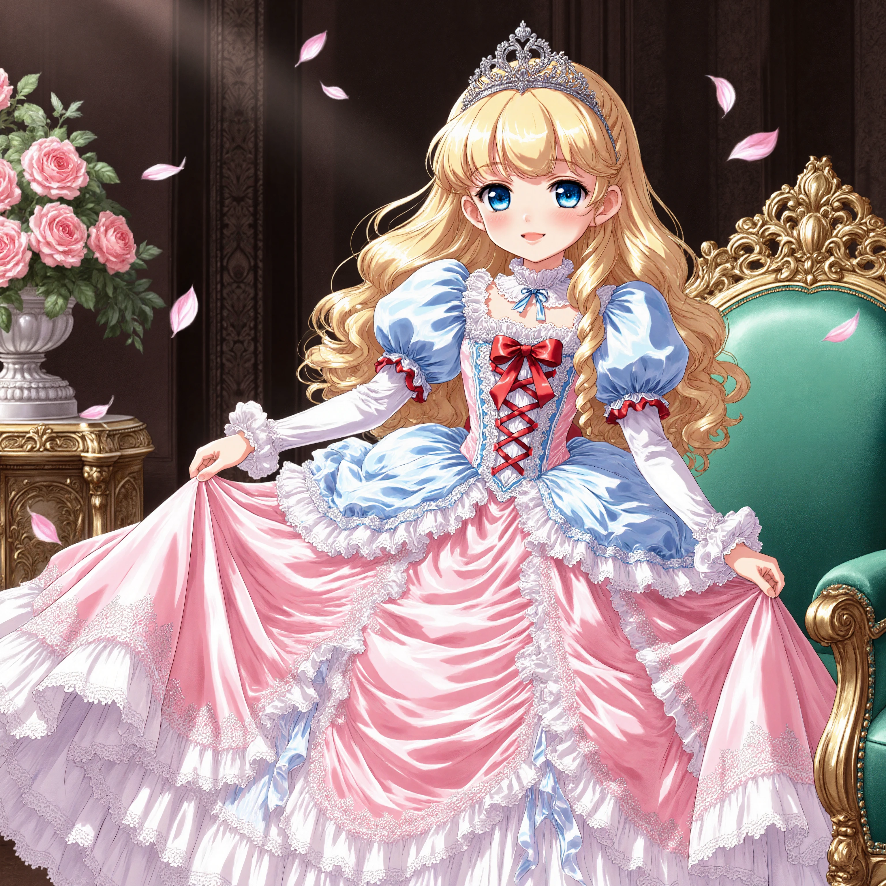 highest quality, masterpiece, highest resolution, artwork, super detailed, retro anime style,hi vision,((lot of little girl is a princess,short body height:1.3)),blond long hair,  Big Eyes,blue eyes,Long eyelashes, A gentle smile
,Lustrous lips ,She is skirt lift with her hand,((Ball gown dress:1.0)),,round hoop skirt,Lots of lace and frills with the dress, tiara,long sleeve,puff sleeves ,long dress,dress has Lots of red ribbons White long socks,frills socks, A lace petticoat with many layers in the dress, I can see the lace petticoat and Drawers under the dress, background:
- A room in a fantasy palace
- Sparkling light production
- pale pink roses
- soft light
- Magical brilliance
- Fluttering Petals Anime-Style Coloring:
- soft gradient
- Glamorous highlights
- Glitter effects
- gentle line drawing
- Anime-specific shadow expressions in this prompt、combines a dreamy atmosphere like in shoujo manga and、sophisticated designs from modern anime、Aim to be a princess statue that combines cuteness and elegance。
