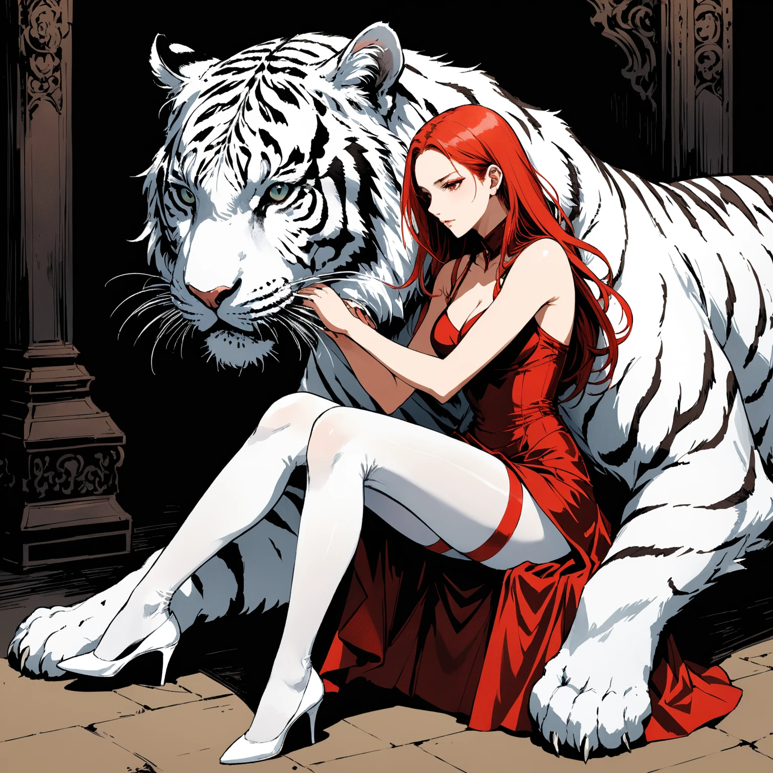 in style of Santiago Caruso,in style of Albert Pinkham Ryder,in style of Arthur Wardle
BREAK
1 girl,{a huge white tiger stand behind:1.7},the tiger's face on the girl's shoulder,character concept design,{devil girl:2.7},long_skirt,incredibly long red hair,sitting posture,leaning,lend 1 legs,1 hand on the lower jaw,hands supporting the body,silk stockings
BREAK
gravure_pose,{top view:2.8},{from above:2}