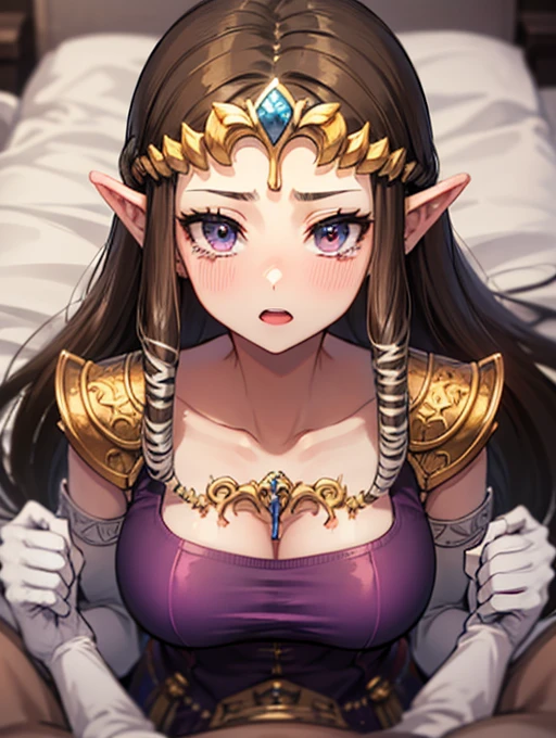 masterpiece, highres, photorealistic, best quality, 8k, best quality, ultra-detailed, perfect lighting, cinematic lighting, adult, mature, female, 1girl, solo, warm light, candle, evening, night, wood, tavern, feast, <lora:CHAR-ZeldaTP:0.6>, princess zelda, twpr, nintendo, the legend of zelda, purple robe, portrait, upper body, cleavage,
