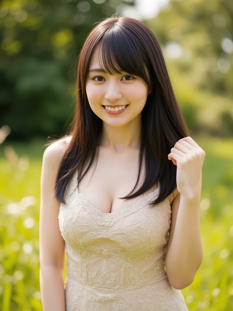 (highest quality,masterpiece:1.3,Ultra-high resolution),(Very detailed,Caustics,8k),(Realistic:1.4,RAW shooting),18-year-old,cute,Japanese,Black hair medium hair,(one piece),(smile),Looking at the camera,blue sky,sun,Backlight,(Top of the Hill),(Tall green grassland:1.1),(Standing in the grassland),(Ground level shot:1.1),(Waist up shot),(Face Focus),(Face close-up),(Low position:1.2),(Low Angle:1.2),Natural light、Huge Breasts、Wide open chest、Cleavage、Saggy breasts、Voluptuous thighs、Head to knee photo
