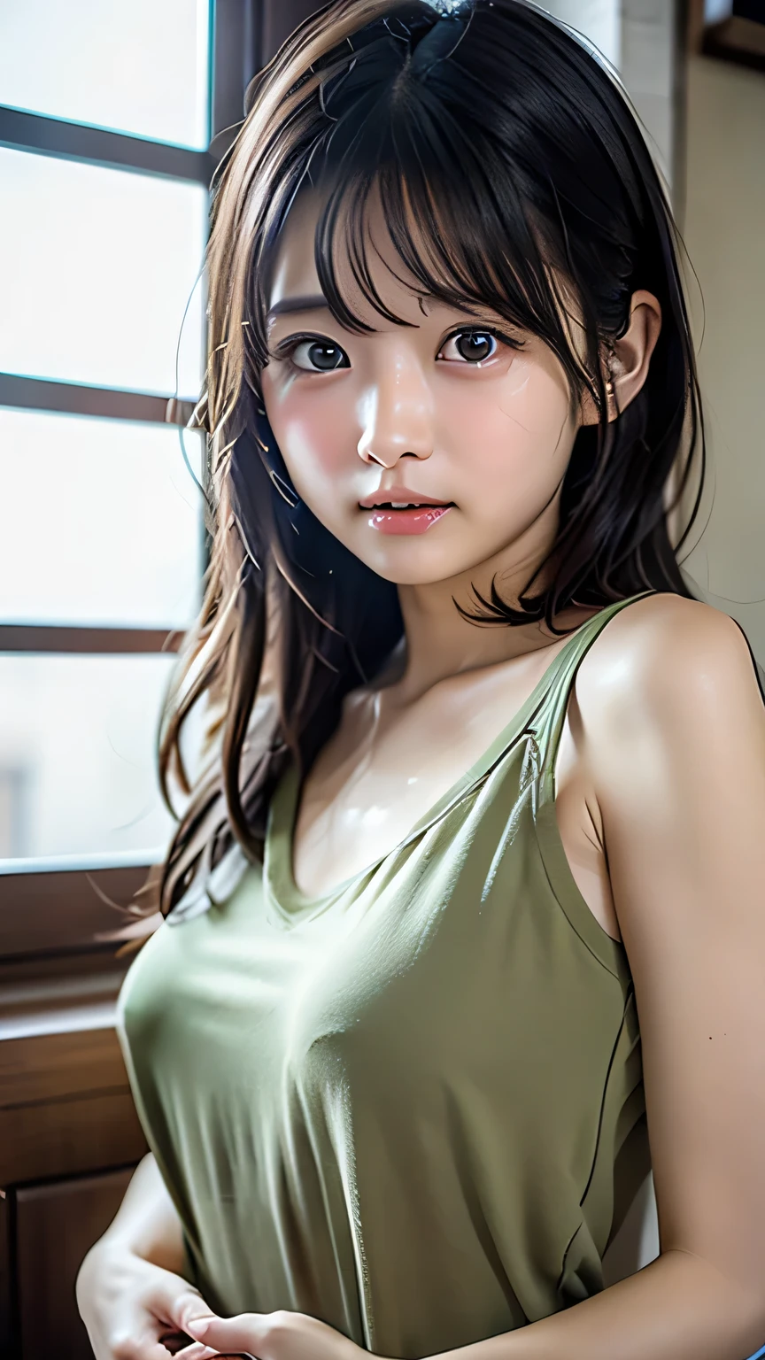 Woman with right knee raised, young sensual gravure idol, Japan model, realistic young gravure idol, beautiful asian girl, soft backlight, sexy girl, Japan goddess, young cute gravure idol, beautiful soft lighting, Japan person, translucent body, asian girl, hot with shining sun, blue t-shirt, black mini skirt, 16 years old