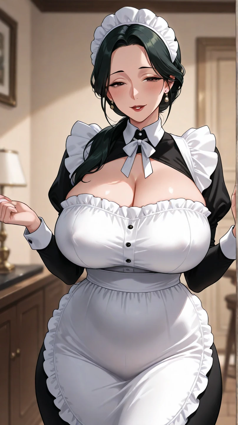 ((1 beautiful maid,adult maid,30 years old,Victoria maid, Black and white maid,Maid dress with ruffles,Maid costume(With apron),Maid costume(With apron),Luxury maid uniform,long skirt, Victoria maid服装,穿上Maid costume,The background is the VIP room,Rooms in the building,building,VIP room,Elegant VIP room with detailed decoration,Luxurious dining table,A sumptuous feast,Festivals line up,luxury table,Elegant standing maid)),(Emphasize body lines,豐滿的Large Breasts,About to explode,Stare into the camera and show your brightest smile,Looking at the camera,Top image quality, Top image quality, masterpiece, White Teeth,Perfect smile,Staring at the camera with a bright smile,HD RAW color photography, Professional photography, Extremely refined, Very detailed,Fine details, Huge file size,Top image quality,8K,Photos taken with a single-lens camera)(((Full and soft breasts,)))(((Large Breasts))) (((Cleavage))),
