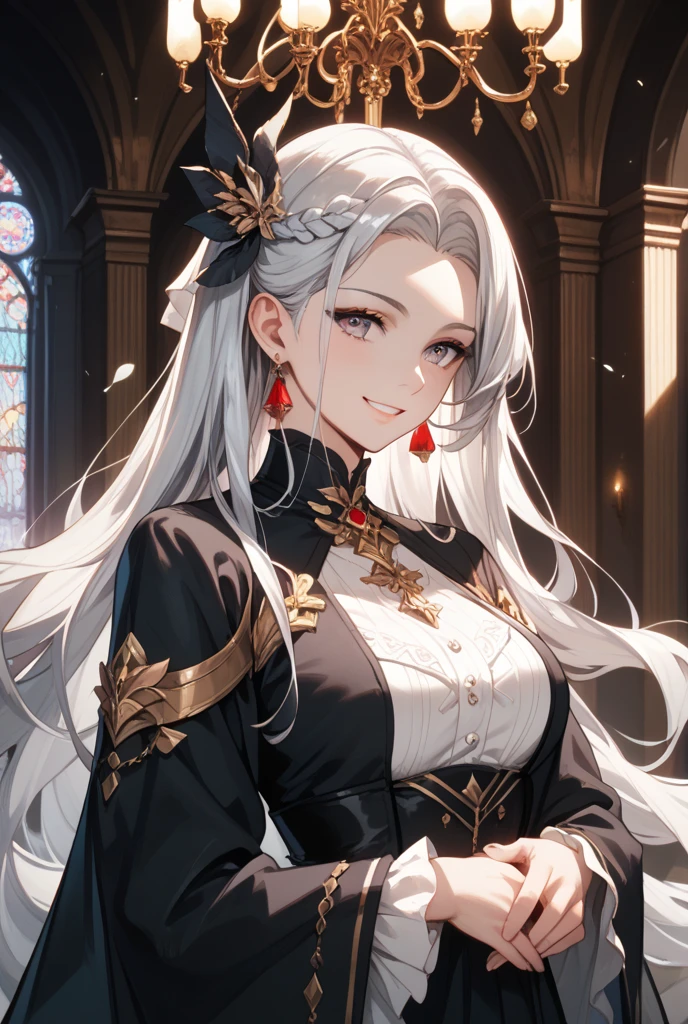(best quality:1.1), (Masterpiece:1.2), lady, Shiny white hair, red eyes, long hair, ใบหน้าbeautiful, luxary dress, Big breasts, beautiful, collarbone, open chest, Bright face, Royal high, hall background, ริมฝีปากอมชมพู, เครื่องประดับหรูหรา ((Highest quality, Best Performance, Maximum details, Light and shadow details:1.2, 4k details))