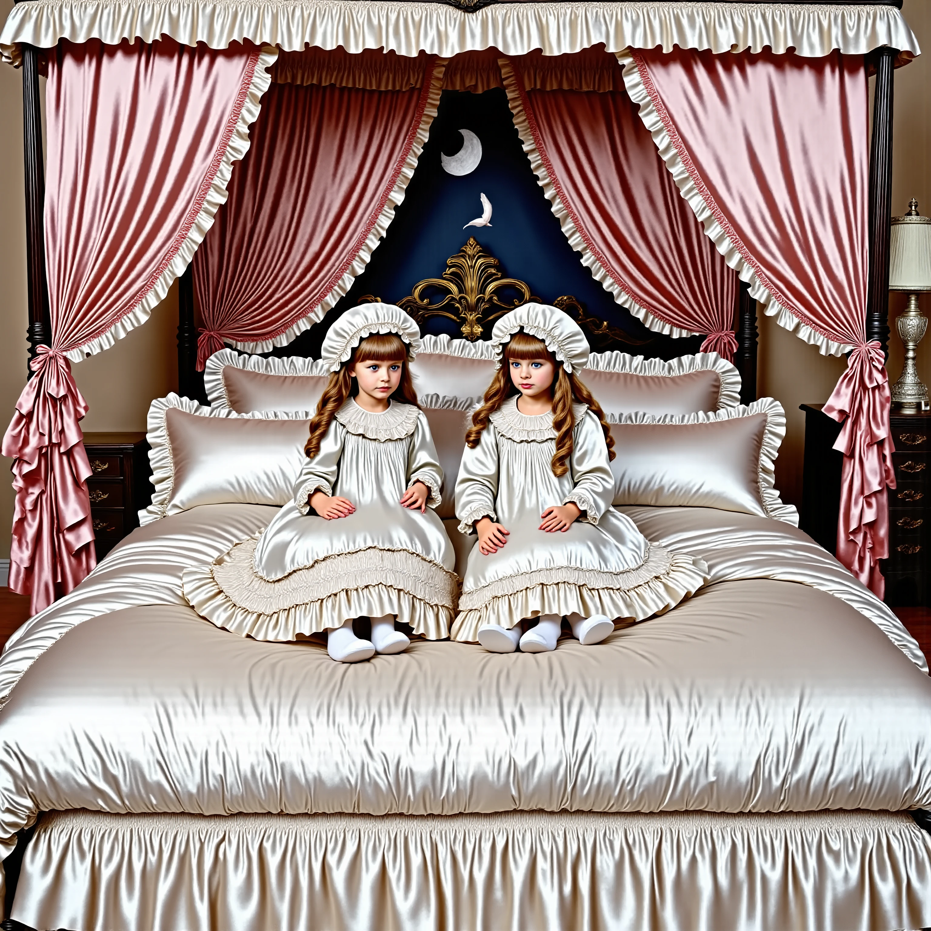 Realistic,highest quality, masterpiece, highest resolution, artwork, super get used to it, many become familiar with, become familiar with, get used to it,change,before bedtime, ,little girl, happy,smile,on the bed,((cute girl on a big bed)),((As a child )), ((little girls pillow fighting on the bed,pillow fight,they have a frilled silk satin pillow:1.2)),((lot of white feather flying,detailed realistic micro feather:2.0)),((ten years old)),european,((blonde very longhair:1.0)),(((white nightgown with lot of frills and ribbons,1920 style victorian nightgowns:1.2))),((frilled Nightcap with ribbon)),((detailed Yoke collar with ruffles and ribbons,detailed ruffed placket:1.0)),((Long sleeves,puff sleeves with ribbons,frilled sleeves)),((frilled Long skirt up to the ankle:1.0)),((The whole body is reflected)),(inside the palace),(in the bedroom at night),Detailed Night view and moon in the window,Before bedtime,White ruffled socks,((Dar view,Big Bed with Lots of frilled pillows,luxurious canopy bed , ,Four-poster canopy bed,King Size Bed,Bigger bed,frilled pillows,More pillows:2.0)), soft and smooth comforter,round puffed comforter,Ruffle Lace Silk.retro white pipe bed frame, realistic,((Out of frame bigger King Size Bed:2.0)), curtain with ruffles ,
