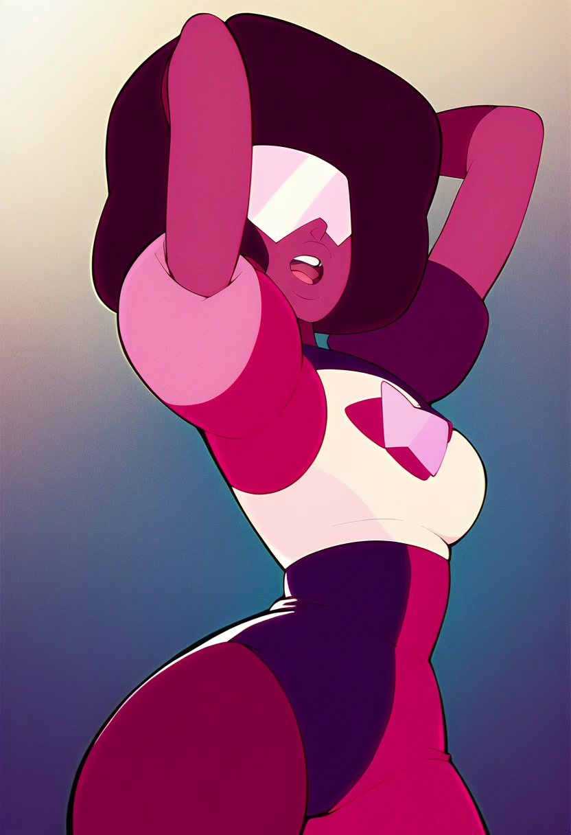 Garnet, blocky hair, retro shades, navel, hips, cowboy shot, cameltoe, tank top, panties, outer space, stars, dark violet hair, (insanely detailed, beautiful detailed face, masterpiece, best quality)