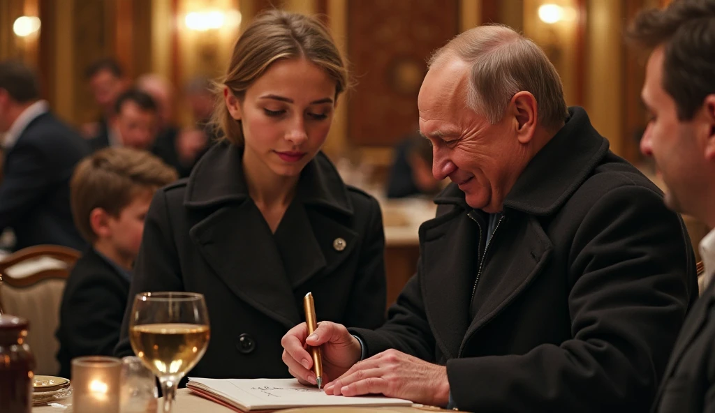 (masterpiece), best quality, very detailed face, ((old man wearing a black suit suit suit stands beside)) (((  young teen white girl who smiles and has blond chignon hair and holds a report card))) and has blue eye and medium  and  and thigh and necklace and earring and wristwatch, standing in classroom, math chart, crowd of old men in blue suits in the background, crowd of men in suits, crowd of school students,